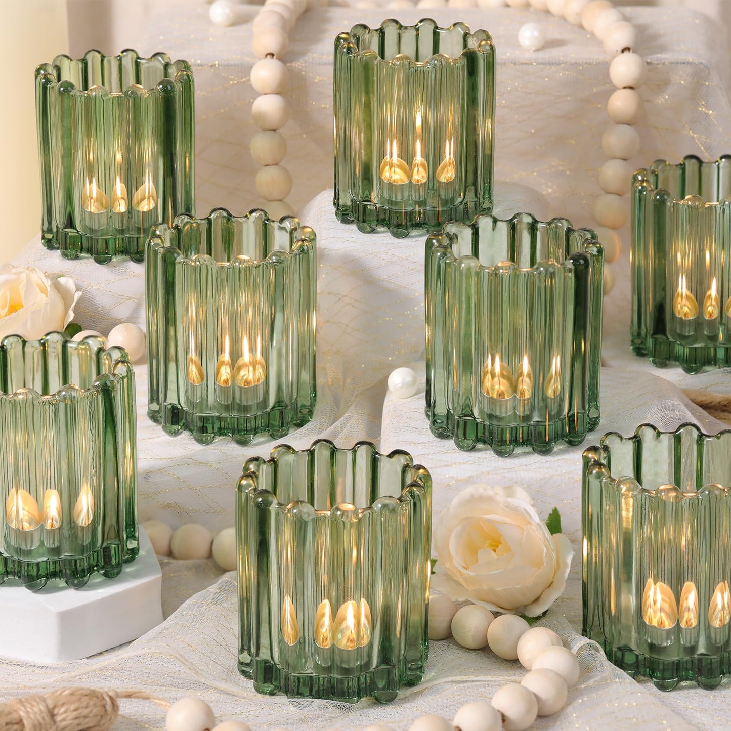 HAVITI Glass Green Votive Candle Holder, Ribbed Votive Candle Holders Set of 12, Tealight Candle Holder for Wedding Centerpieces Dinner Party Table Decor