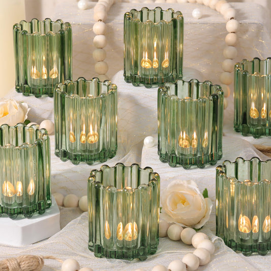 HAVITI Glass Green Votive Candle Holder, Ribbed Votive Candle Holders Set of 12, Tealight Candle Holder for Wedding Centerpieces Dinner Party Table Decor