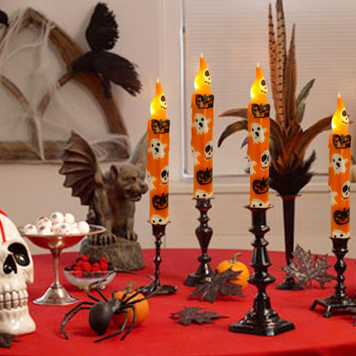 Gedengni Halloween Candlesticks Flameless Taper Candle, 4pcs Printed LED Tapered Candles Remote Dipped Candle 6inch Battery Chandelier for Enchanting Weddings and Harry Potter Inspired Vigils(Hall)