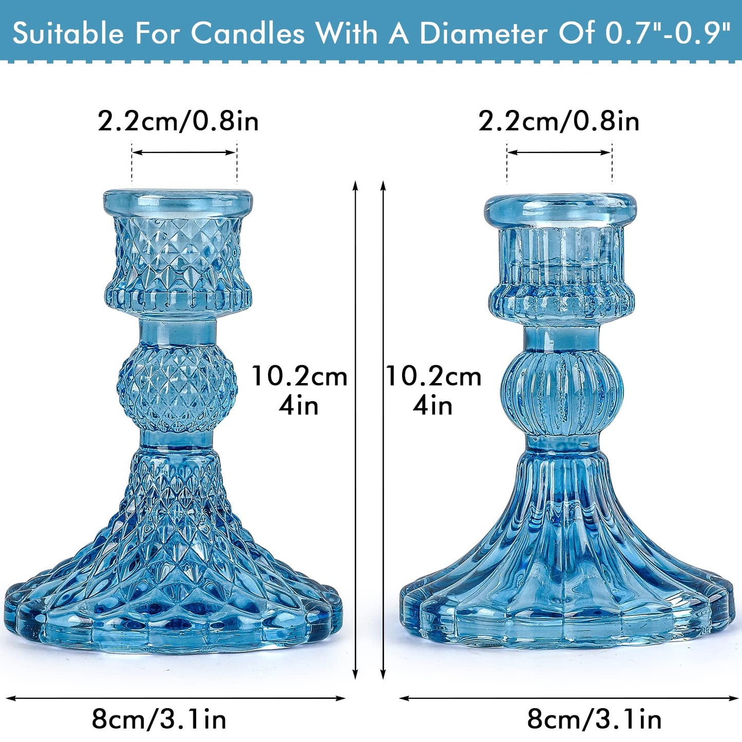 Blue Glass Candlestick Holders,Set of 8 Include Taper Candle Holders and Stripe Candle Holders,Two Style for Formal Events, Wedding, Festival,Church, Party & Festival Decoration