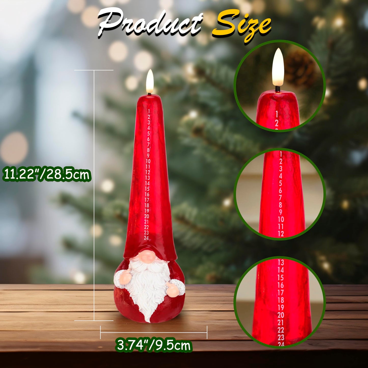 JOIONE Flameless Christmas Gnome Countdown Candles with Remote, 24-Day Automatic Countdown Battery Operated LED Advent Calendar Candle, Christmas Decoration for Home