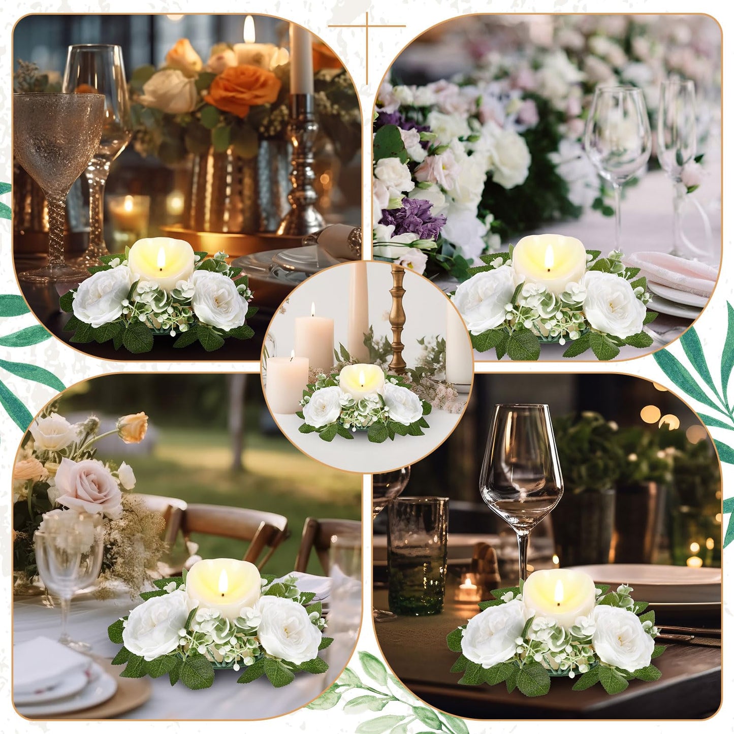 Yunlly 16 Set Rose Candle Rings Wreaths 3 Inch Center with Flameless LED Candles Artificial Rose Light Garland Fake Electric Votive Tealights Bulk Funeral Wedding Table Centerpieces Decor(White)