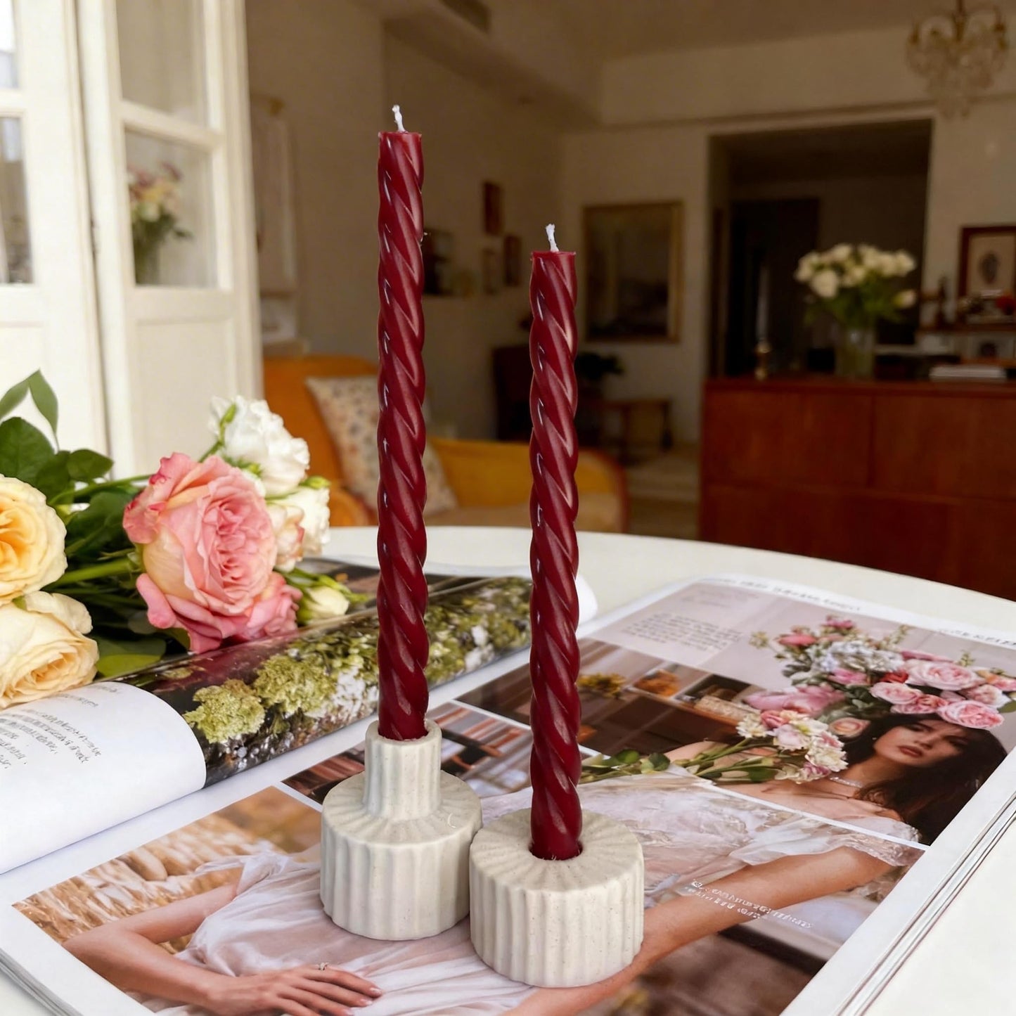 10 Inch Burgundy Spiral Taper Candles, 8 Pack Unscented Long Burning Candlesticks, Dark Red Glossy Tapered Candles for Dinner Party, Wedding Shower & Home Decor