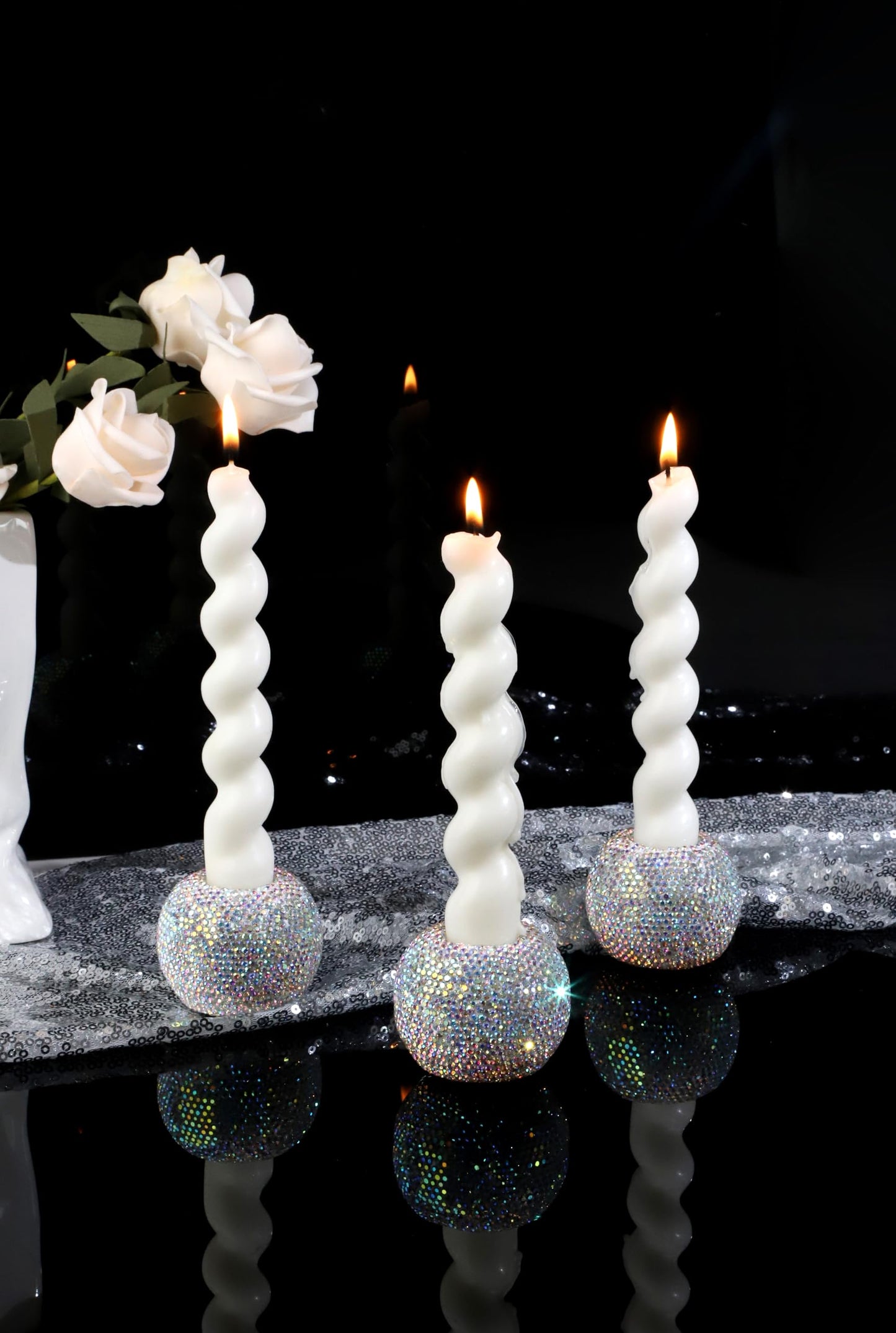 Vixdonos Round Resin Rhinestones Candlestick Holders Set of 3 Ceramic Candle Holder Bulk for Taper Candles,Silver