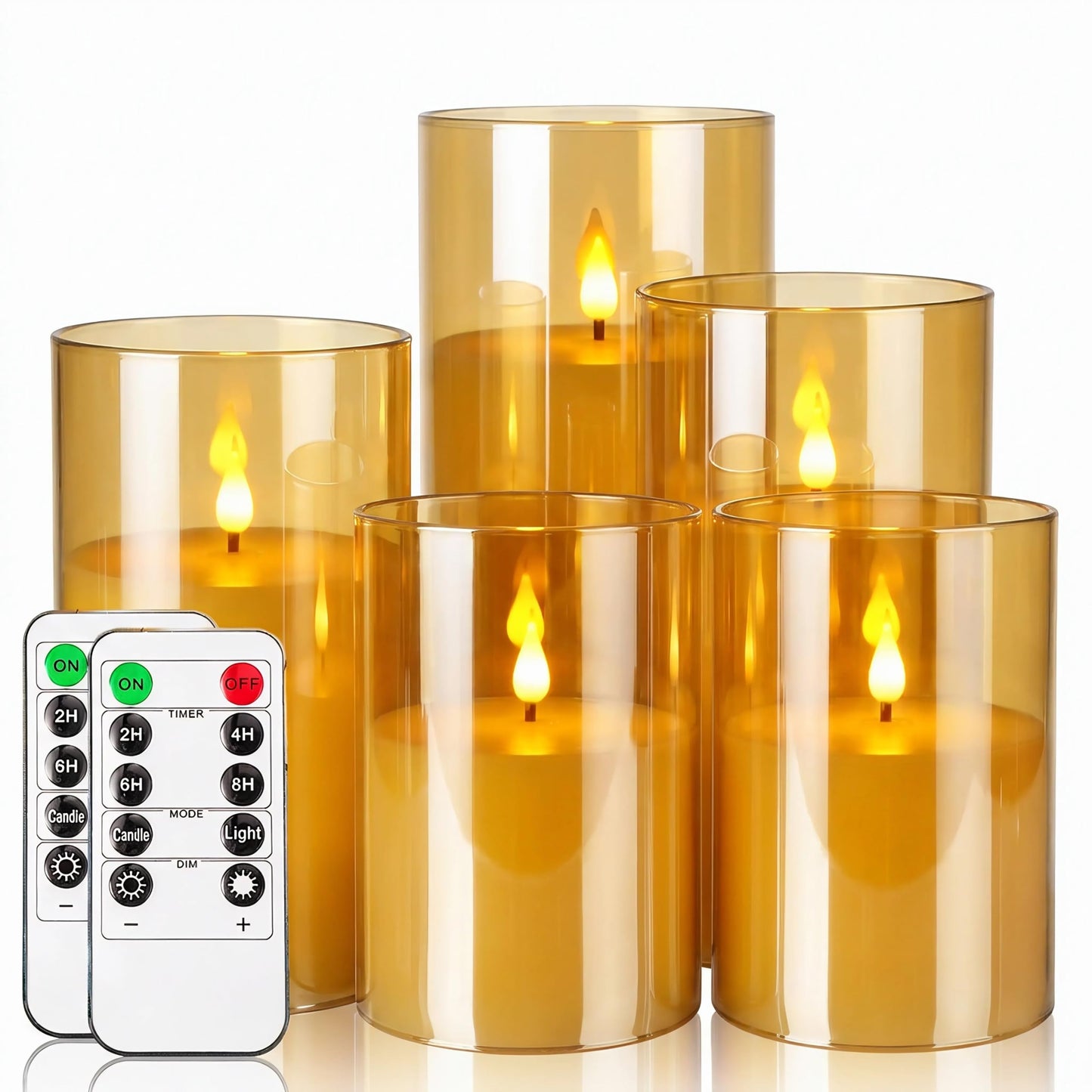 NICEME Amber Flickering Flameless Candles Battery Operated Acrylic LED Pillar Candles with Remote Control and Timer Flameless Halloween Candles for Thanksgiving Christmas New Year Home Decor, Set of 5