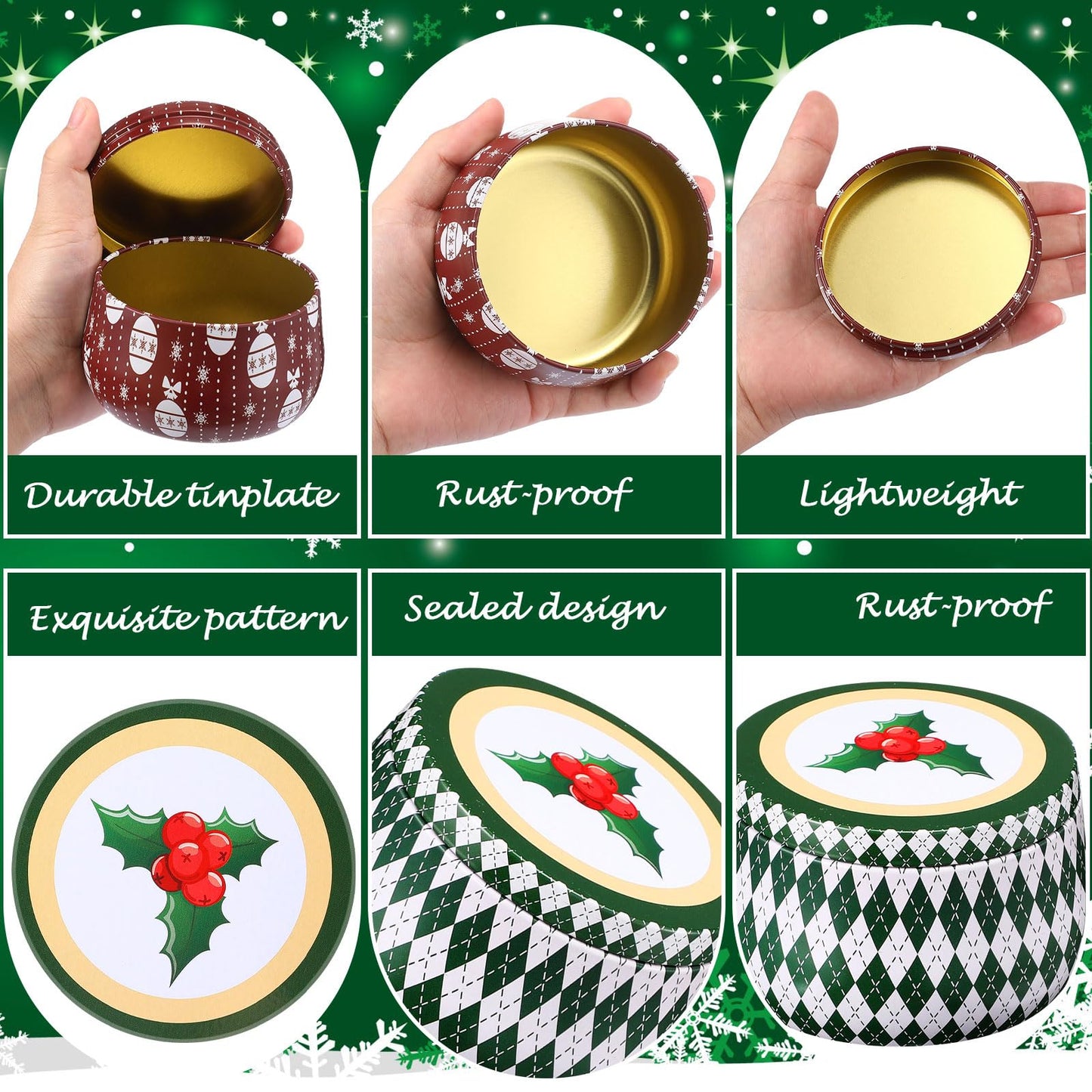 Yungyan Christmas Candle Tin Cans Set Metal Candles Tin Gifts Jars with Lids 8 oz Christmas Cookie Tins Candle Containers for Storing Biscuits Tea Party Favors(12 Pcs)