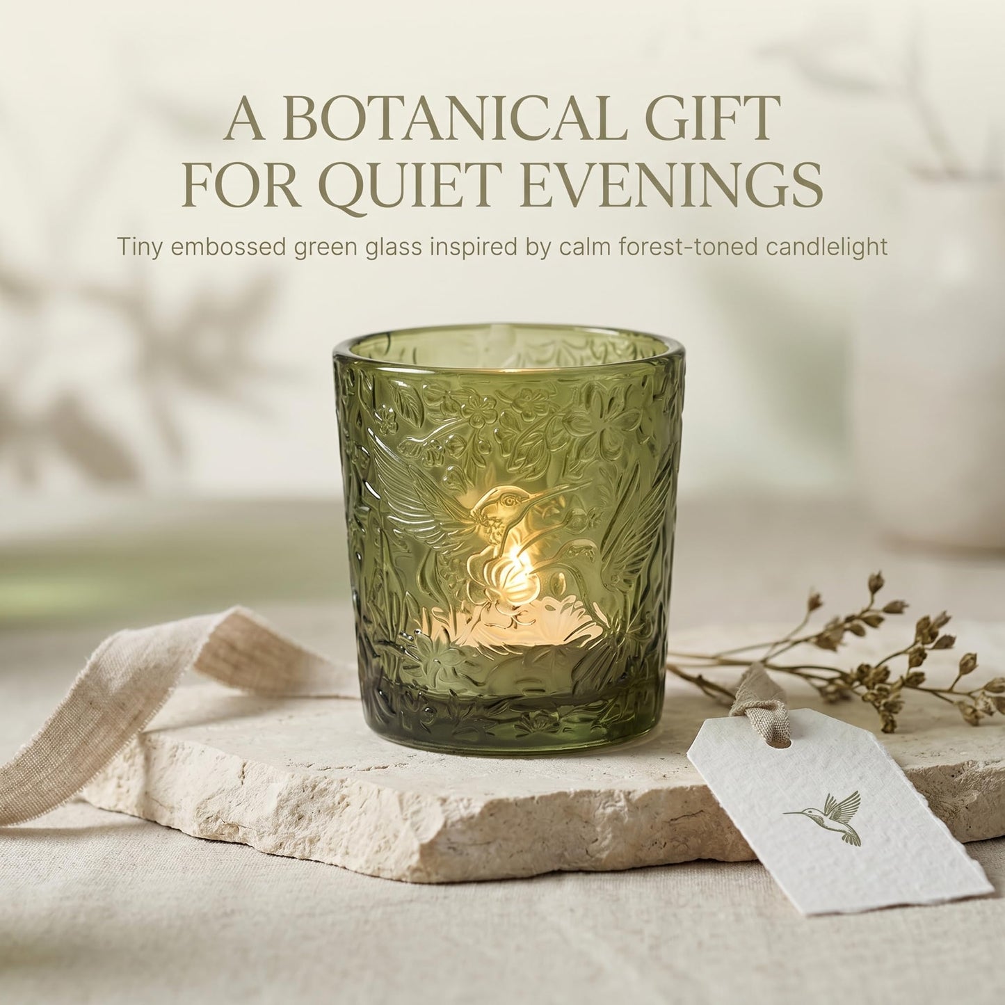 6 Pack Hummingbird Embossed Glass Candle Holders Votive Tealight Holders with Patent Design, Decorative Cups for Wedding Centerpieces, Parties, and Home Decor (Moss Green)