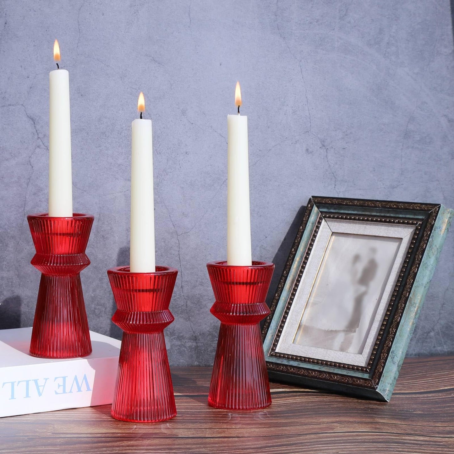 VOHO Red Candlesticks Holders for Christmas Decorations, Set of 3 Ribbed Glass Candle Holder Versatile for Taper & Tea Lights Candles, Romantic Red Taper Candle Holders for Valentines Day Anniversary