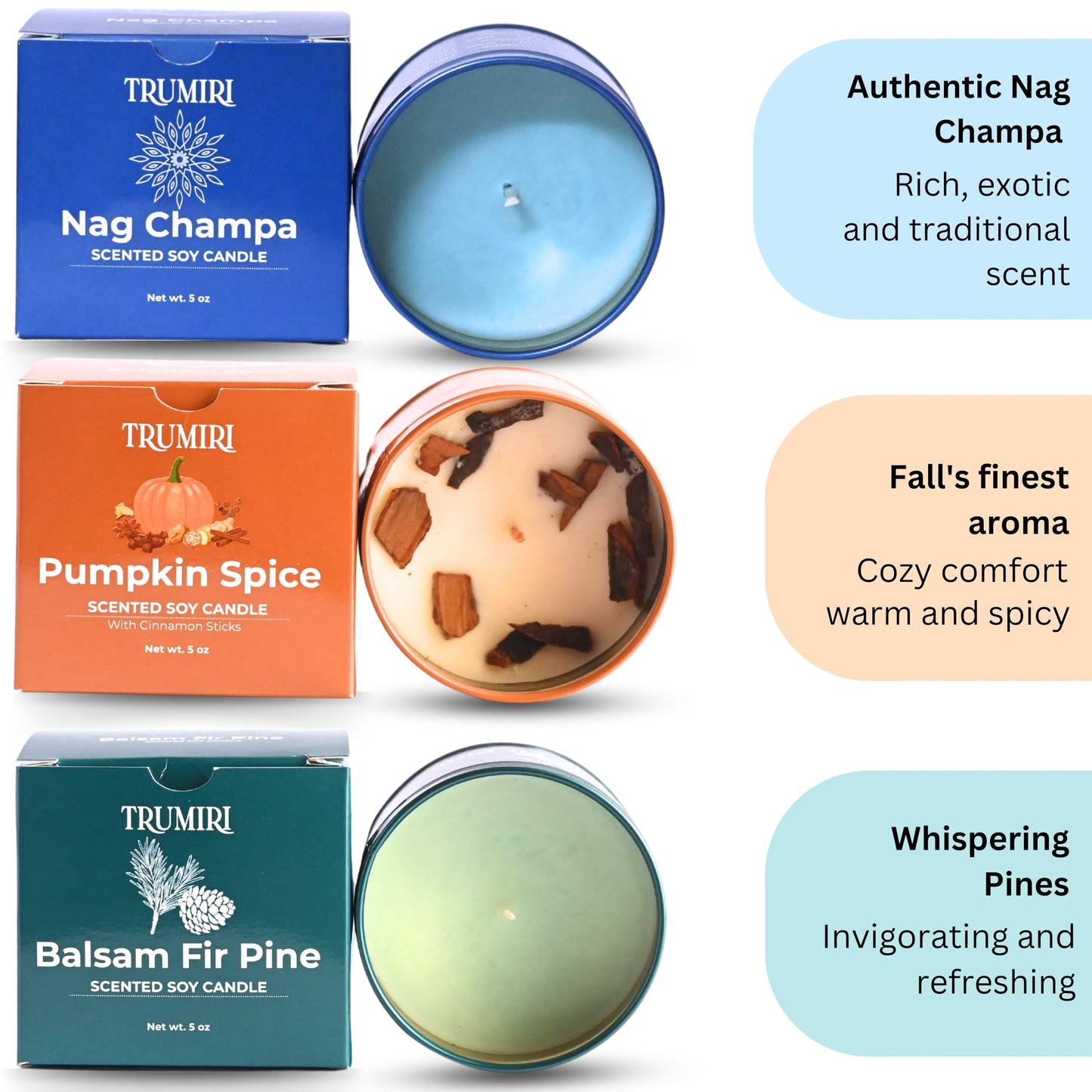 Balsam Fir Pine, Pumpkin Spice, Nag Champa - Soy Candles Non Toxic - Highly Scented Long Lasting with Essential Oils - Variety Pack of 3 x 5oz - for Home Aromatherapy Meditation Gift Travel