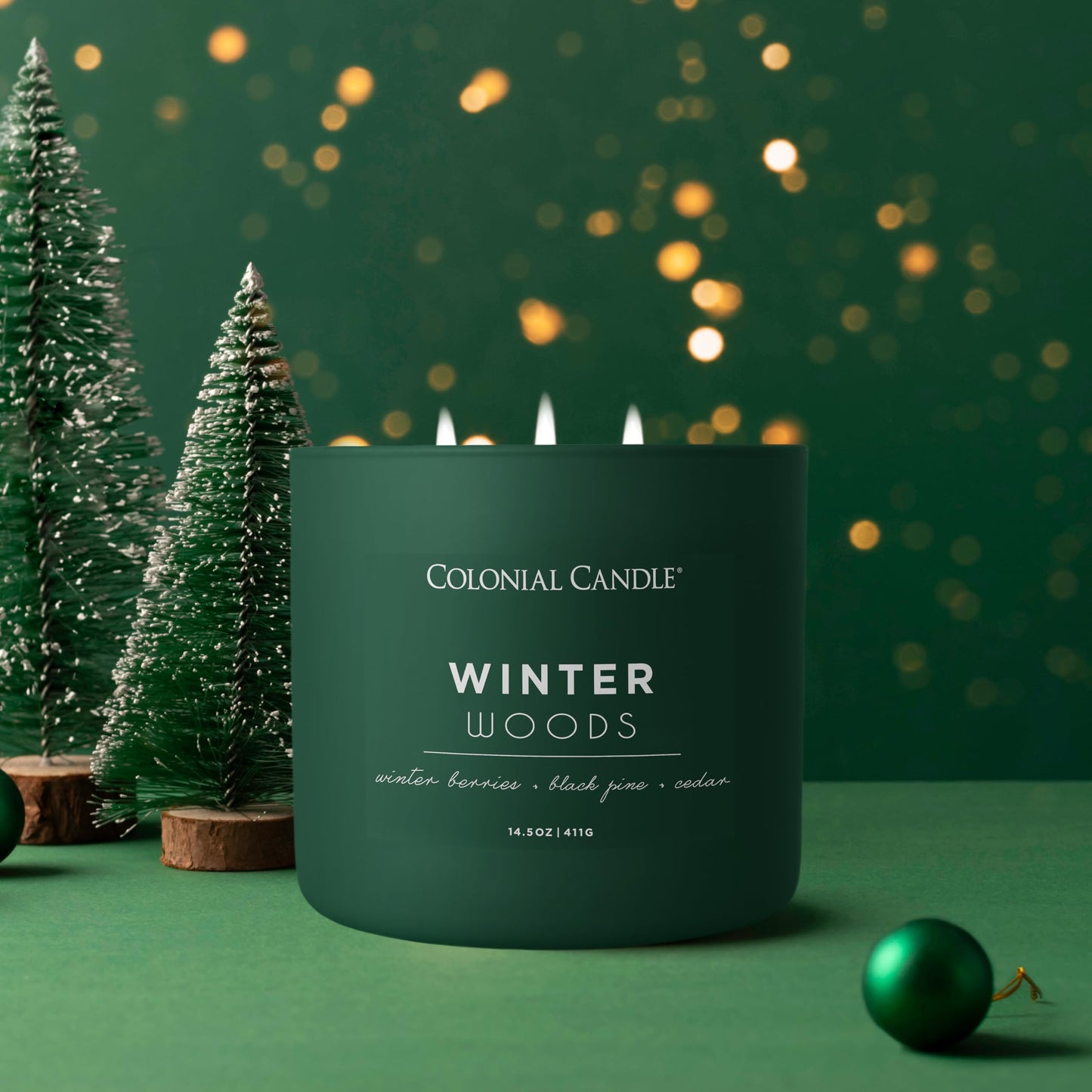 Colonial Candle Winter Woods Scented Jar Candle, Pop of Color Collection, 3 Wick, Green, 14.5 oz - Up to 60 Hours Burn