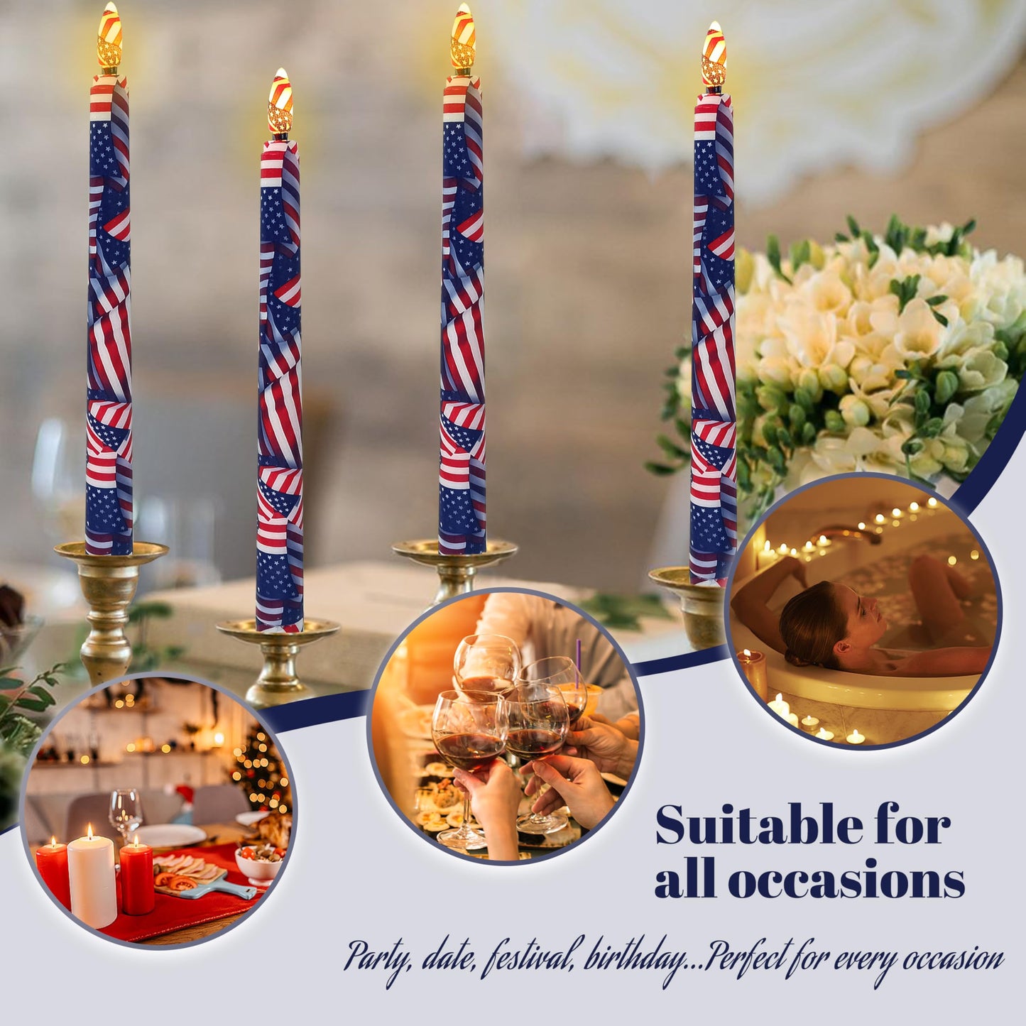 6PCS Patriotic US Flag Stars and Stripes Flameless Taper Candles, 11 Inch LED Candlesticks Battery Operated with 11-Key Remote and Timer, 3D Flickering Flame Lights for Wedding Party Home Decor Gifts