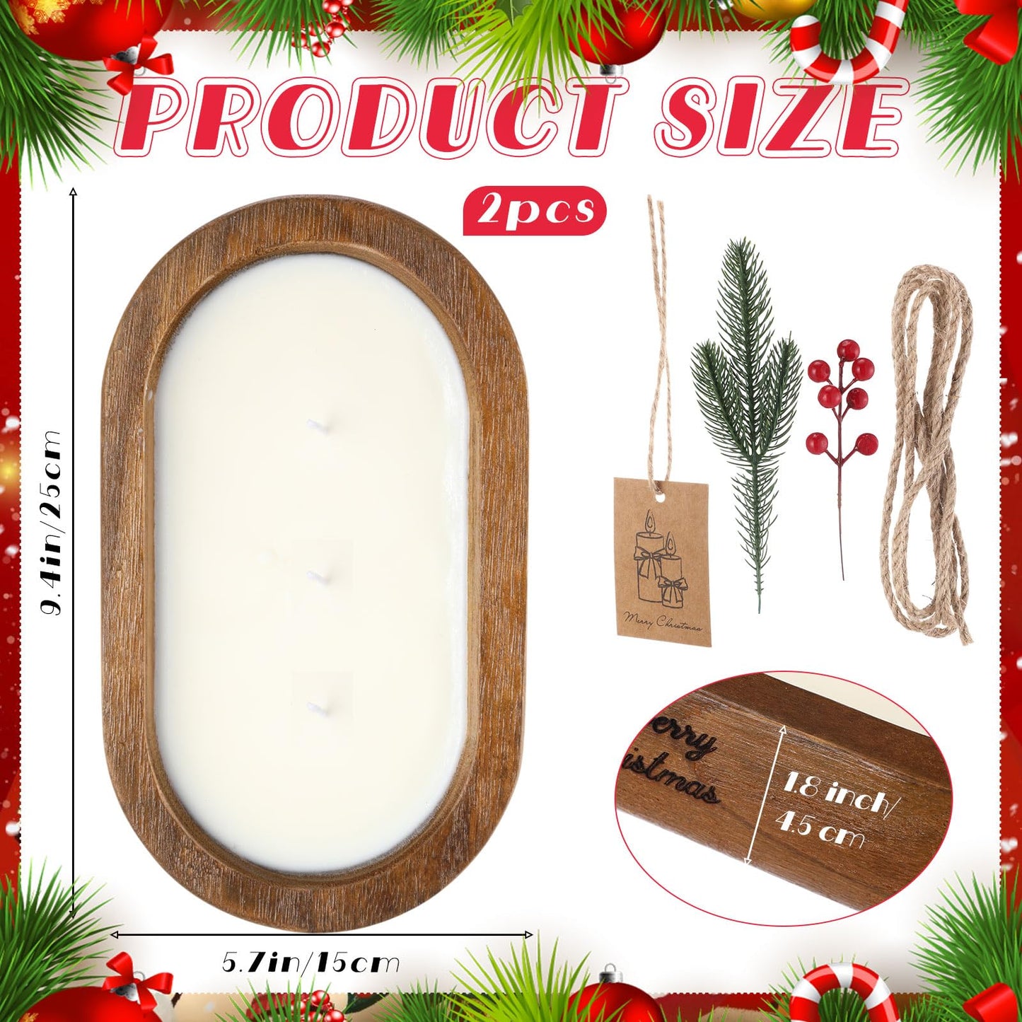 MTLEE 2 Pack Dough Bowl Christmas Candle Wood Candle 9.4 x 5.7 x 1.8 Inch Scented Candles for Home Wooden Candle Bowl 3 Wick Decorative Candles for Home Decor Farmhouse Gift for Christmas