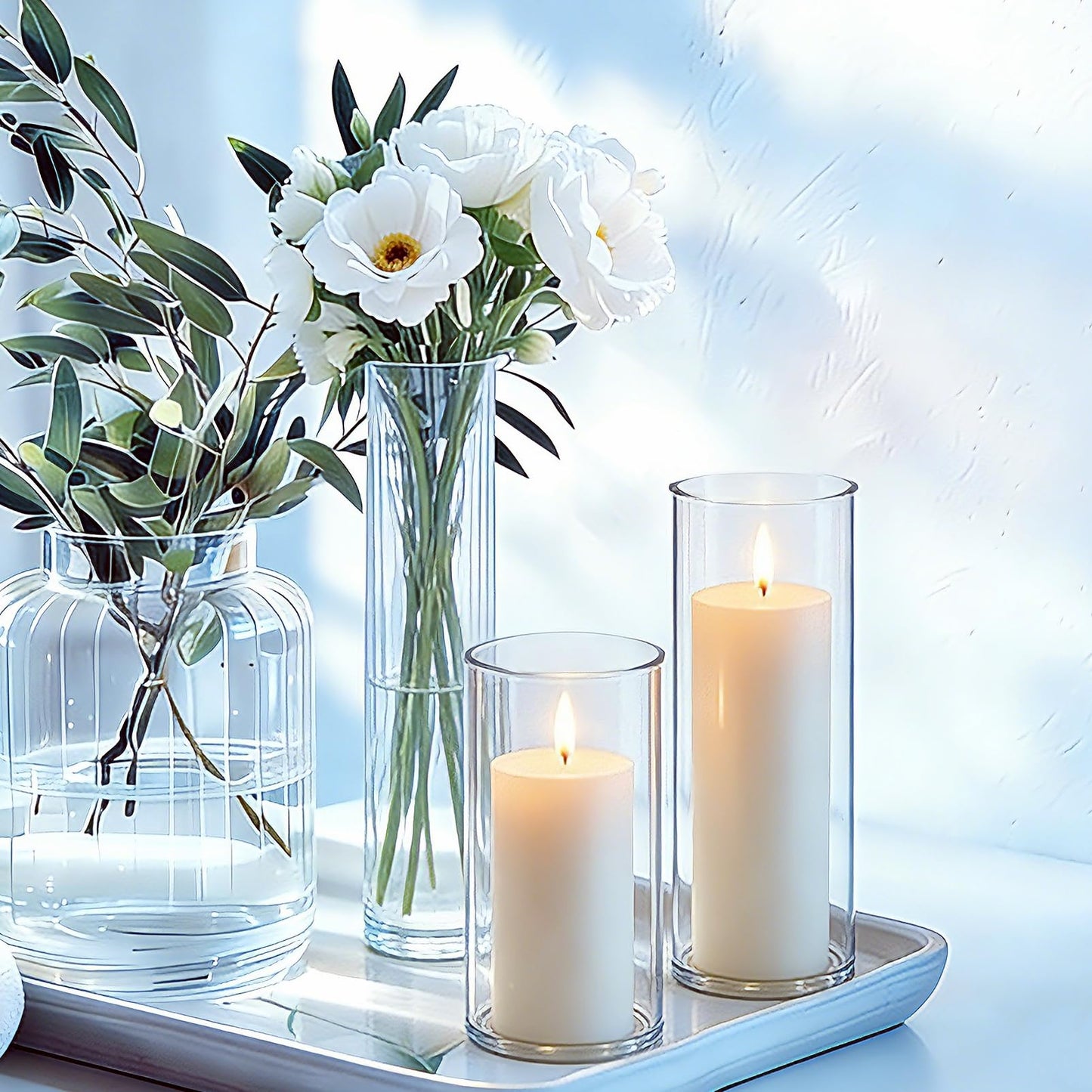 PNJHDZ 24 Pcs White Pillar Candles and Glass Candle Holders Cylinder Candle Vases for Pillar Candles Hurricane Candle Holders Set for Wedding Party, Event, Home Office Decor