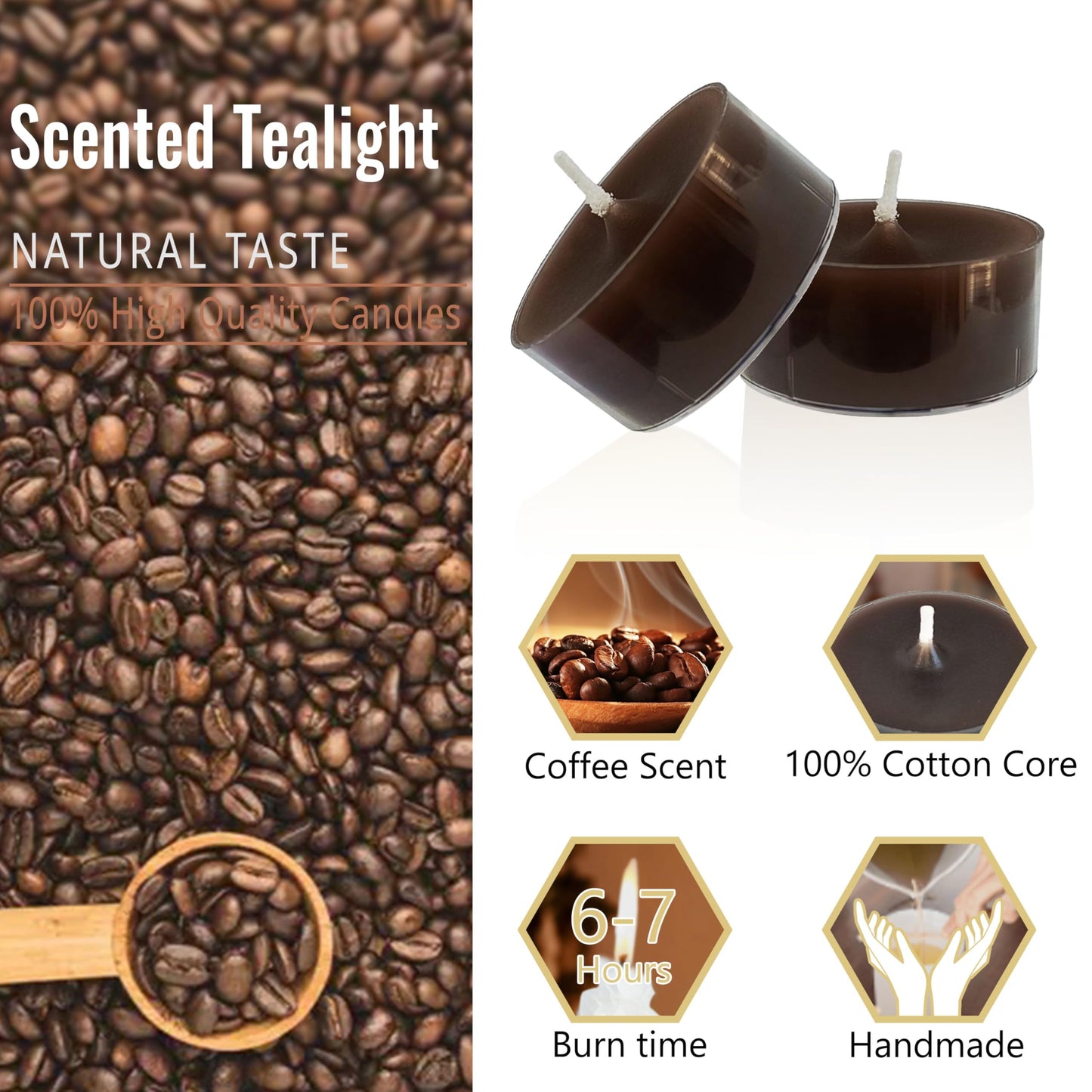 Brown Candles Tea Lights Smokeless Coffee Scent Tealight Candles Handmade Tealights Set of 24 Long Burning for Wedding Meditation Dinner Home Decor