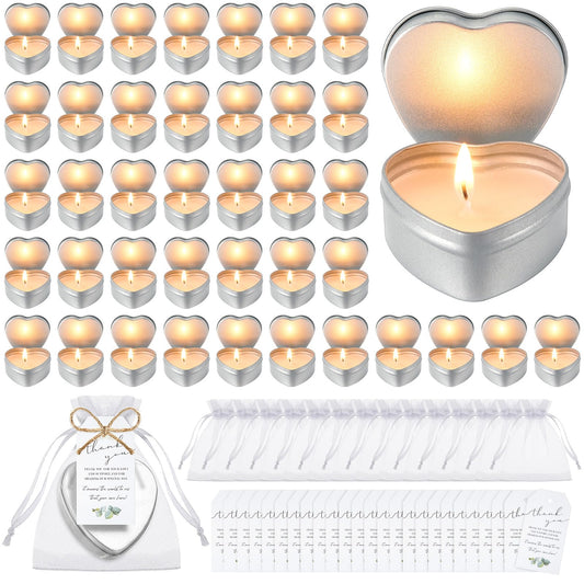 Treela 50 Sets Wedding Candle Favors for Guests Heart Shaped Unscented Tea Lights Set Include Small Smokeless Candles Bulk Thank You Tags and 4 x 4.7 Inch White Organza Gift Bags for Bridal Shower
