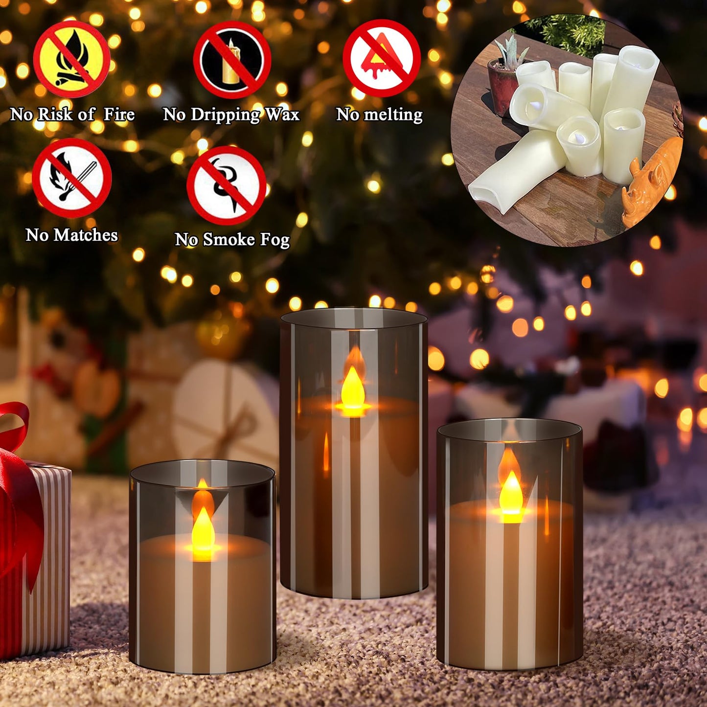 Flameless Candles 4" 5" 6" Acrylic Glass Pillars 3" Diameter Battery Operated Flickering Candles Include Remote with 24Hour Timer Function 400+ Hours by 2 AA Batteries (Gray, Warm Light 9 Pack)