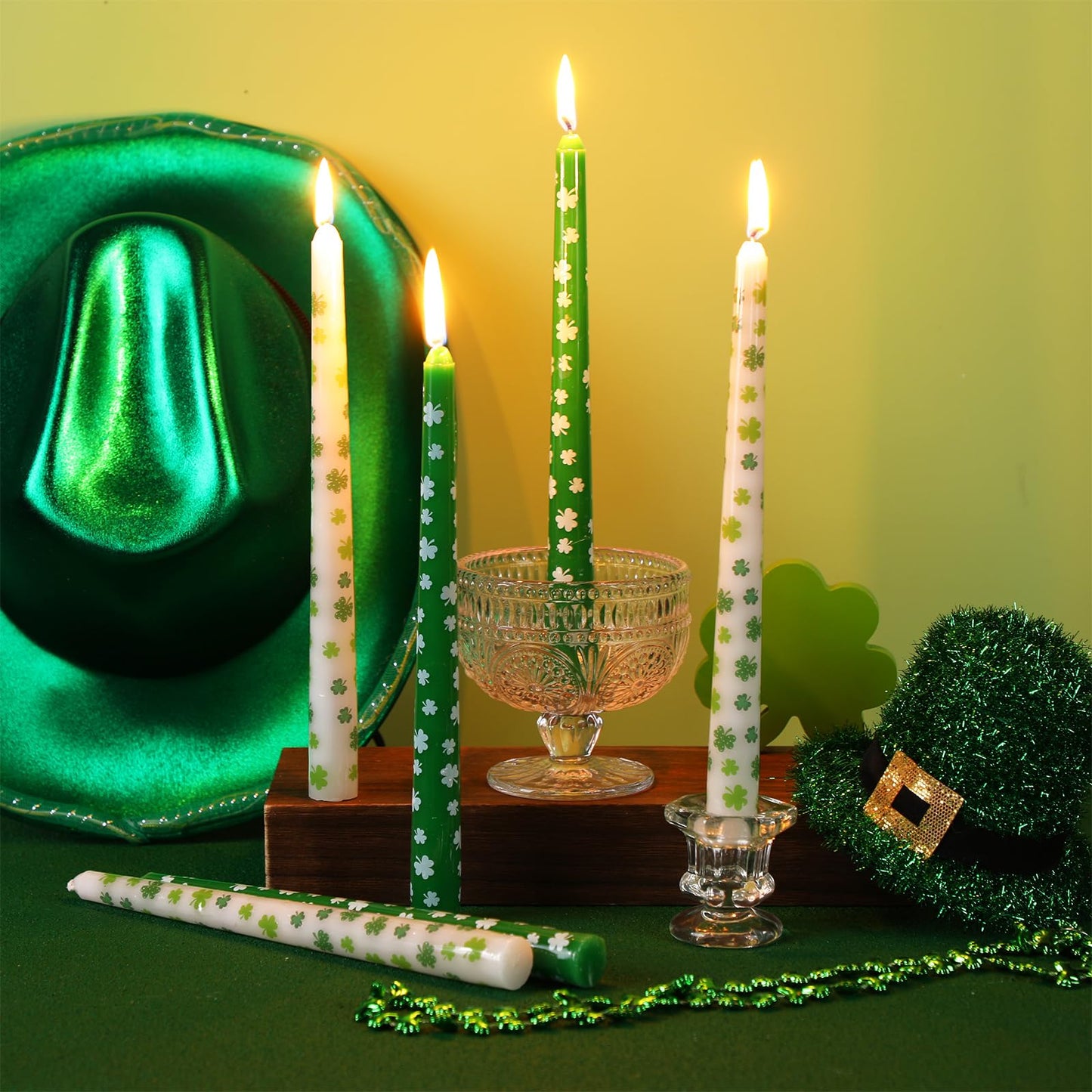 Threlaco 12 Pcs St. Patrick's Day Dripless Taper Candles 10 Inch Tall Unscented Candle Sticks White Green Shamrock Set St. Patrick's Day Gifts Holiday Decor for Dinner Party Wedding Anniversary