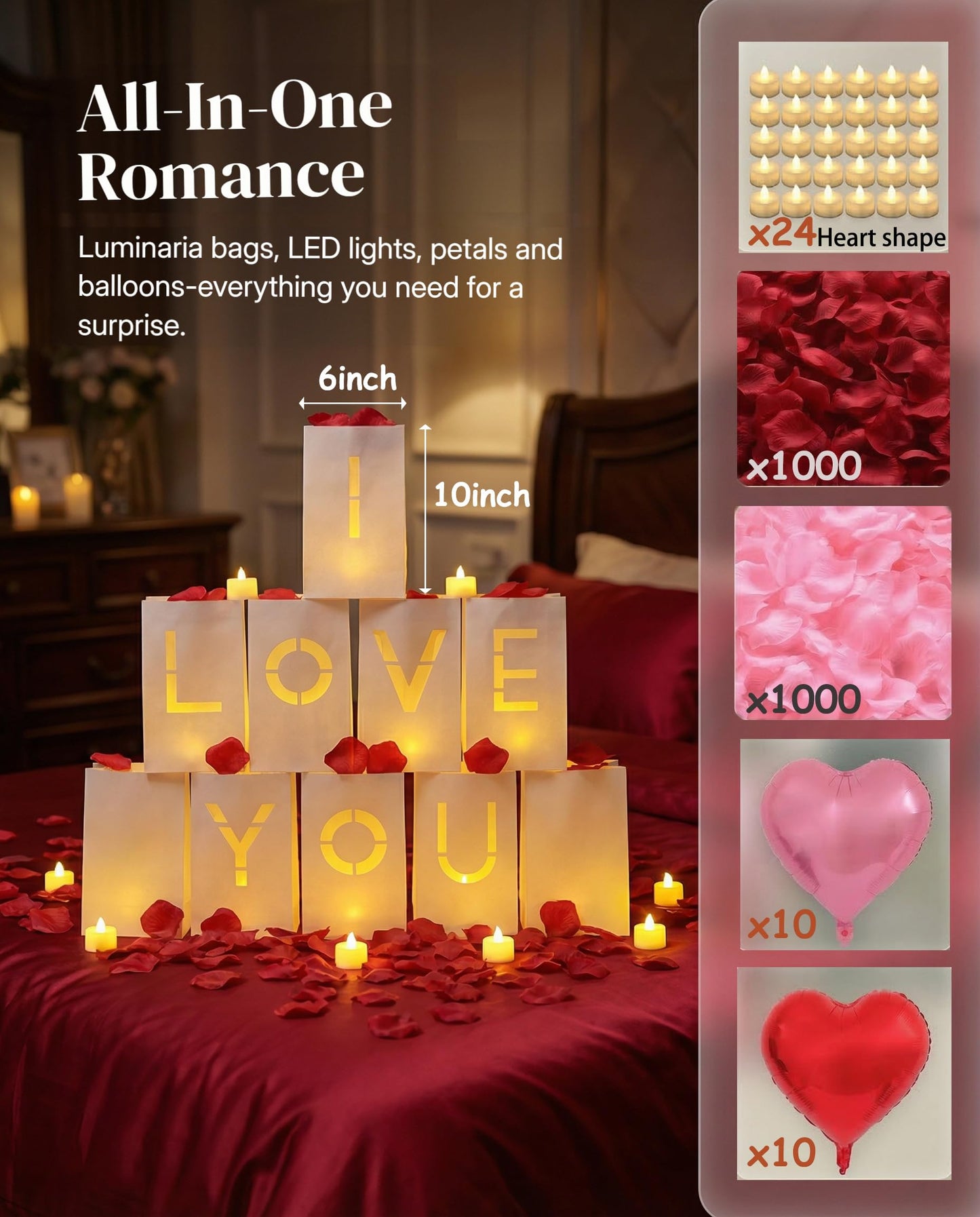 JZLiner I Love You Light Up Letters Include Fake Rose Petals and Led Candles Heart Balloons Set Room Decor Proposal Decorations