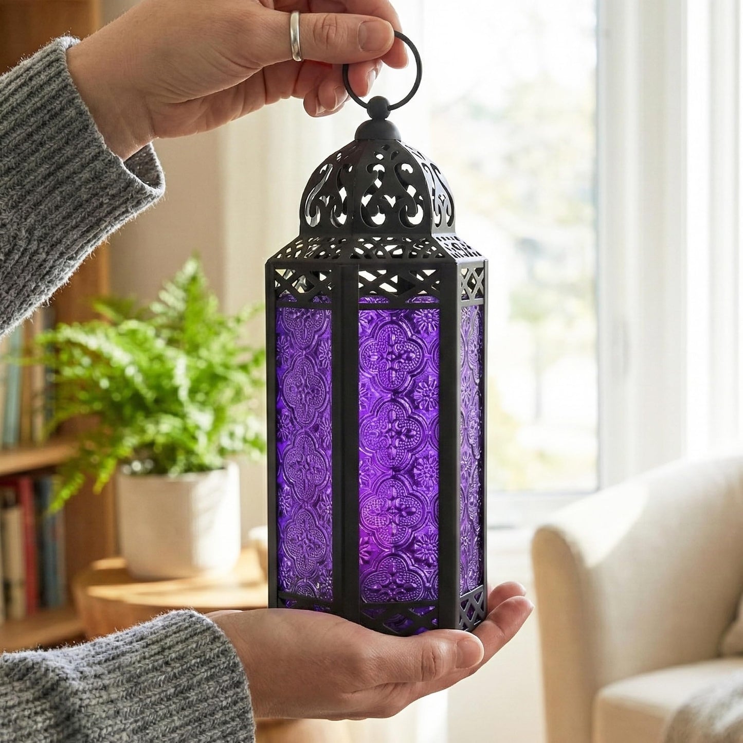 Vela Lanterns Purple Decor Candle Holder, Gothic Lamp with Fairy Lights, Fantasy Decorative Moroccan Lantern, Witchy Whimsigoth Home Decor, Metal Hanging Halloween Spooky Vampire Room Light