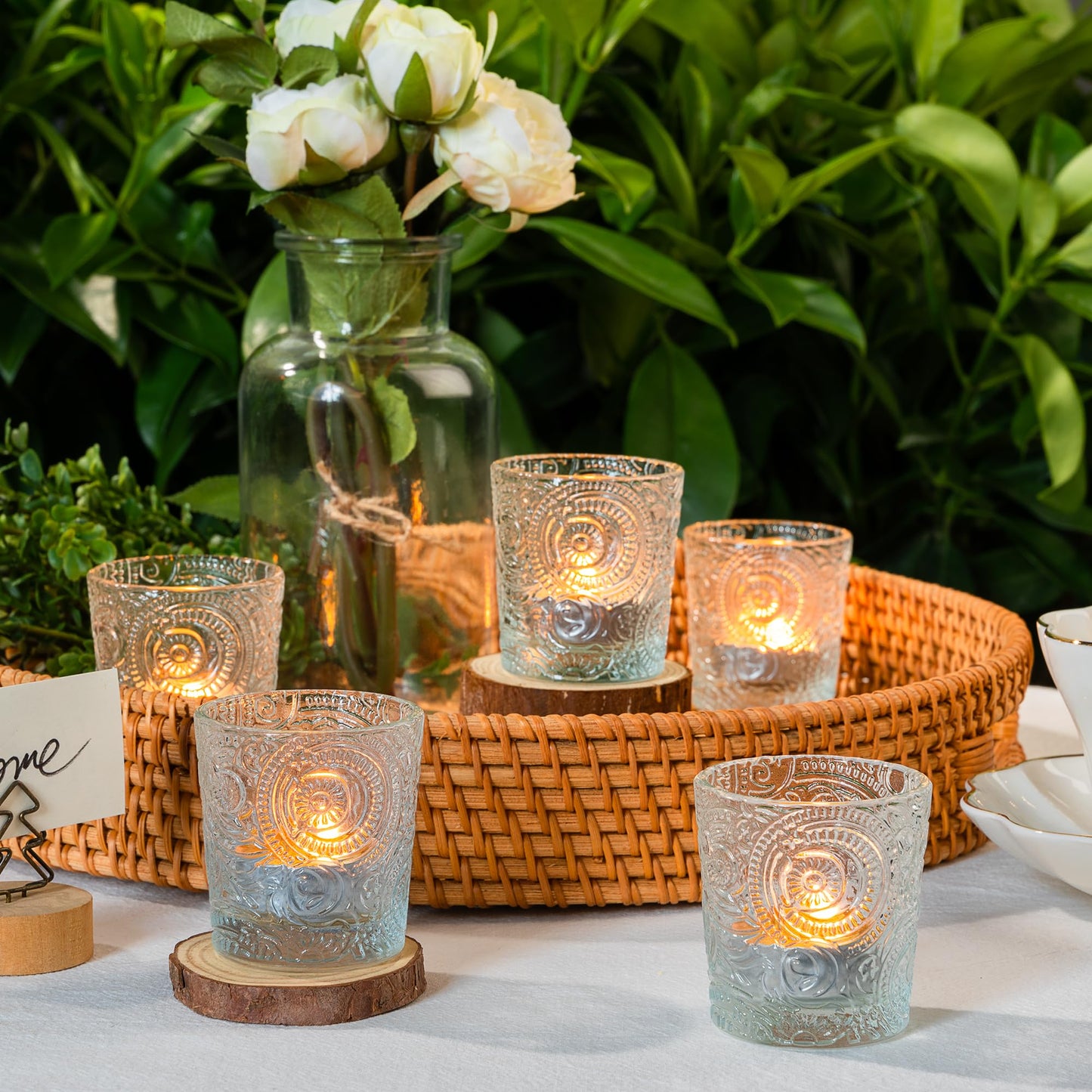 6 Pack Sun Moon Star Embossed Glass Tea Light Candle Holders - Votive Candle Holders for Wedding, Party, Home Decor, and Table Centerpieces (Clear Glass)