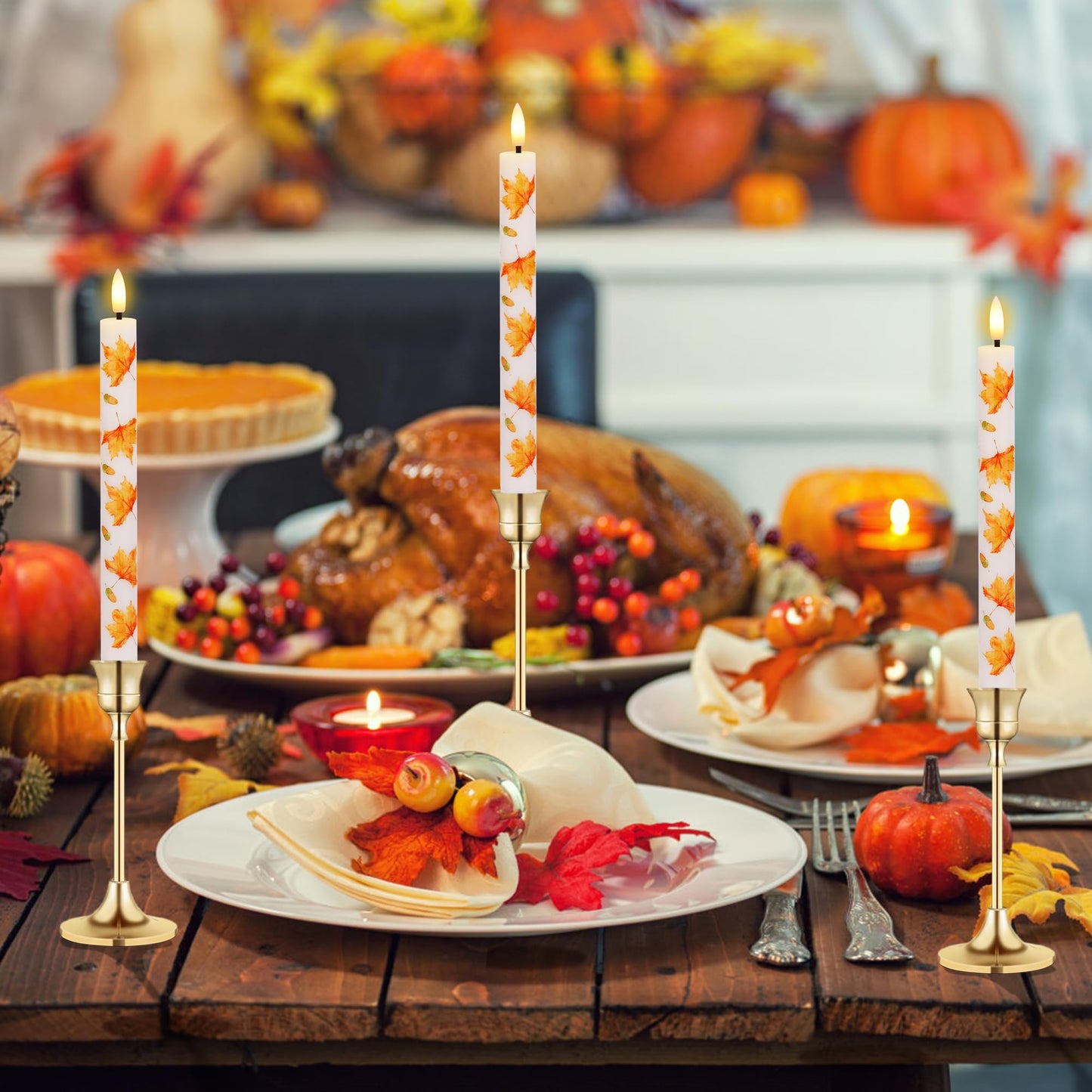 SEHNSY Fall Flameless Taper Candles with Remote, Real Wax Maple Leaf & Acorn Battery Operated Candles,Autumn Led Candlesticks for Fall, Harvest, Thanksgiving, Halloween Decorations for Home Party