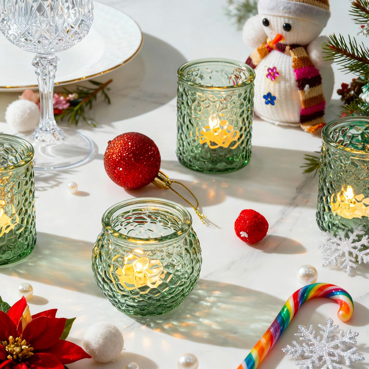 24-Piece Green Glass Votive Candle Holders Set – Tealight Candle Holder Glass Bulk with 12 Round & 12 Hammered Textured Cups, Green Votive Candle Holders for Weddings, Parties, Home