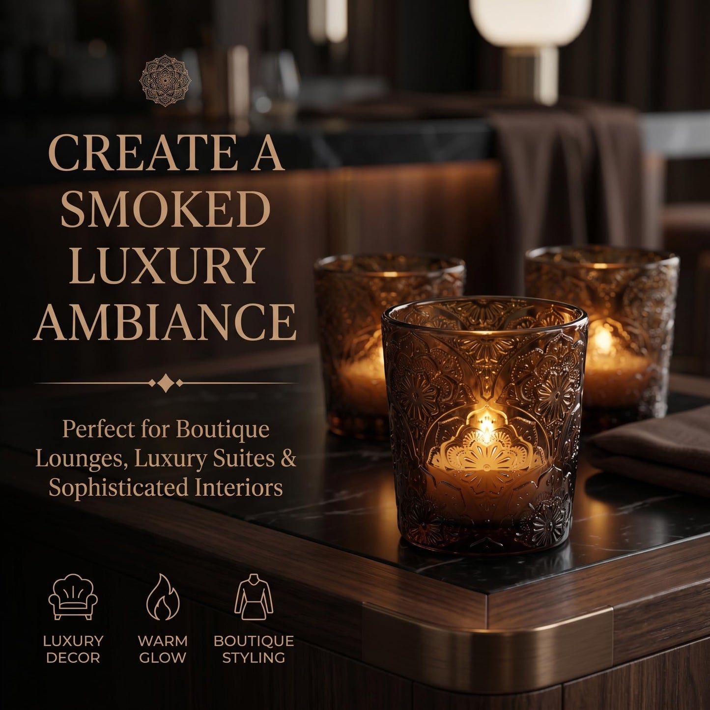 12 Pack Mandala Embossed Glass Candle Holders – Votive Tealight Holders with Patent Design, Decorative Embossed Glass Cups for Wedding Centerpieces, Parties, and Home Décor (Chestnut Brown)