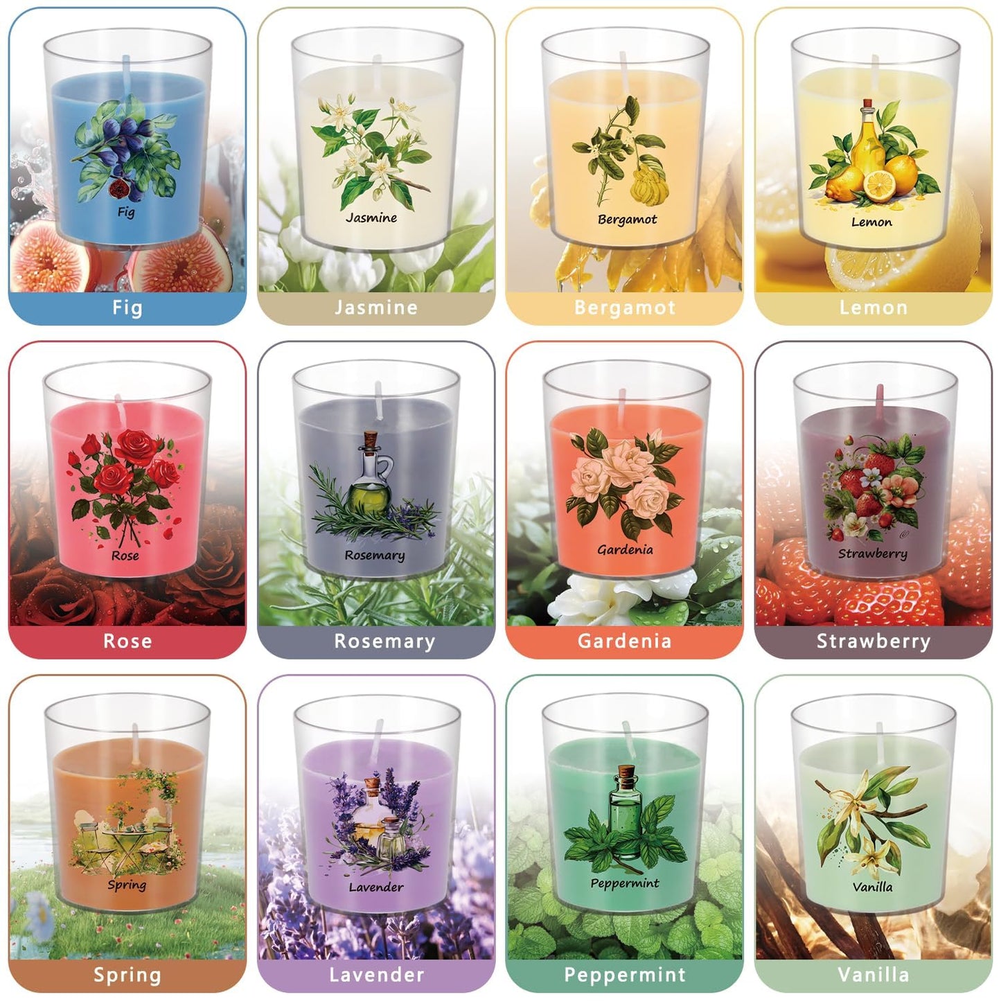 Aromatherapy Candles Set - 24 Pack Scented Candles with 12 Natural Fragrances, Votive Candles in Clear Plastic Jars for Home Decor, Stress Relief, Sleep, Ideal Gift for Women,Mother's Day, Birthday.