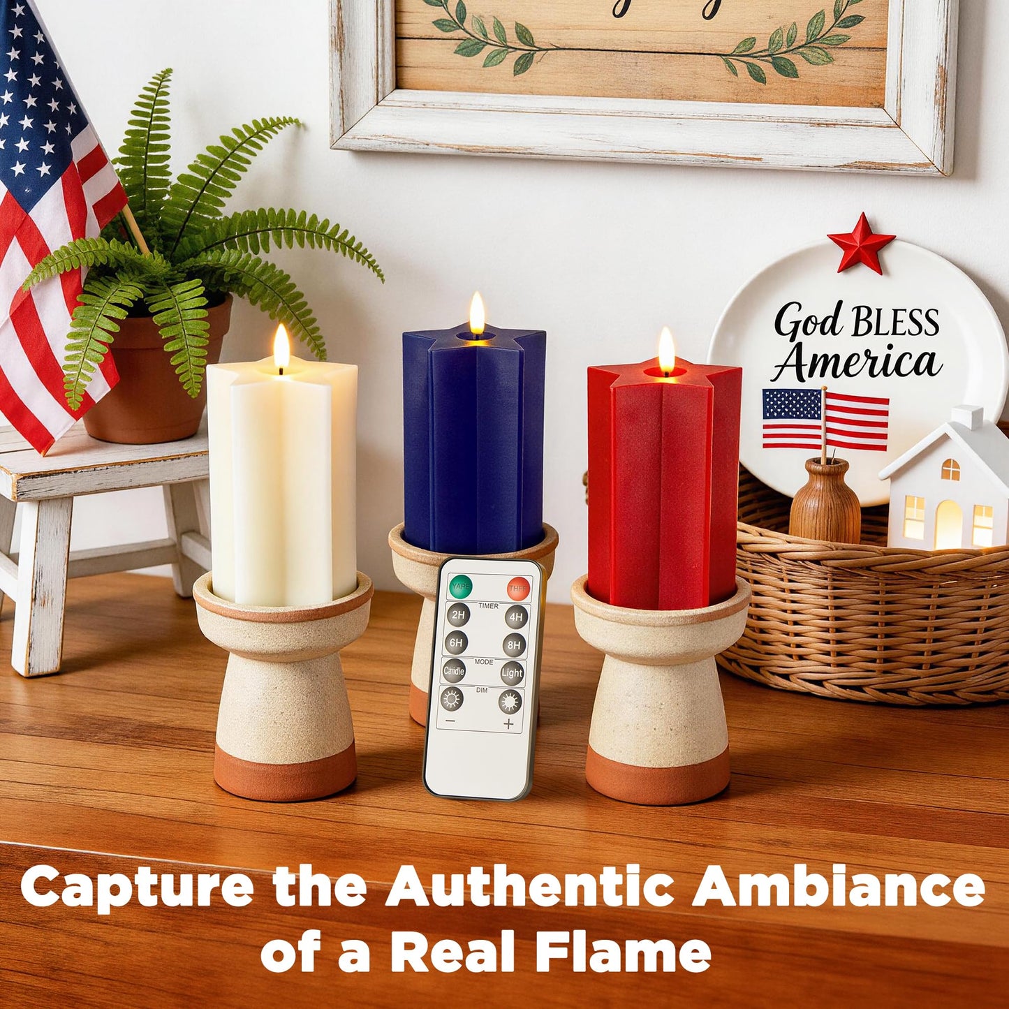 Velsyn Americana Set of 3 Red, White & Blue Star-Shaped Flameless Candle Pillars - Real Wax 3D Flame LED Candle