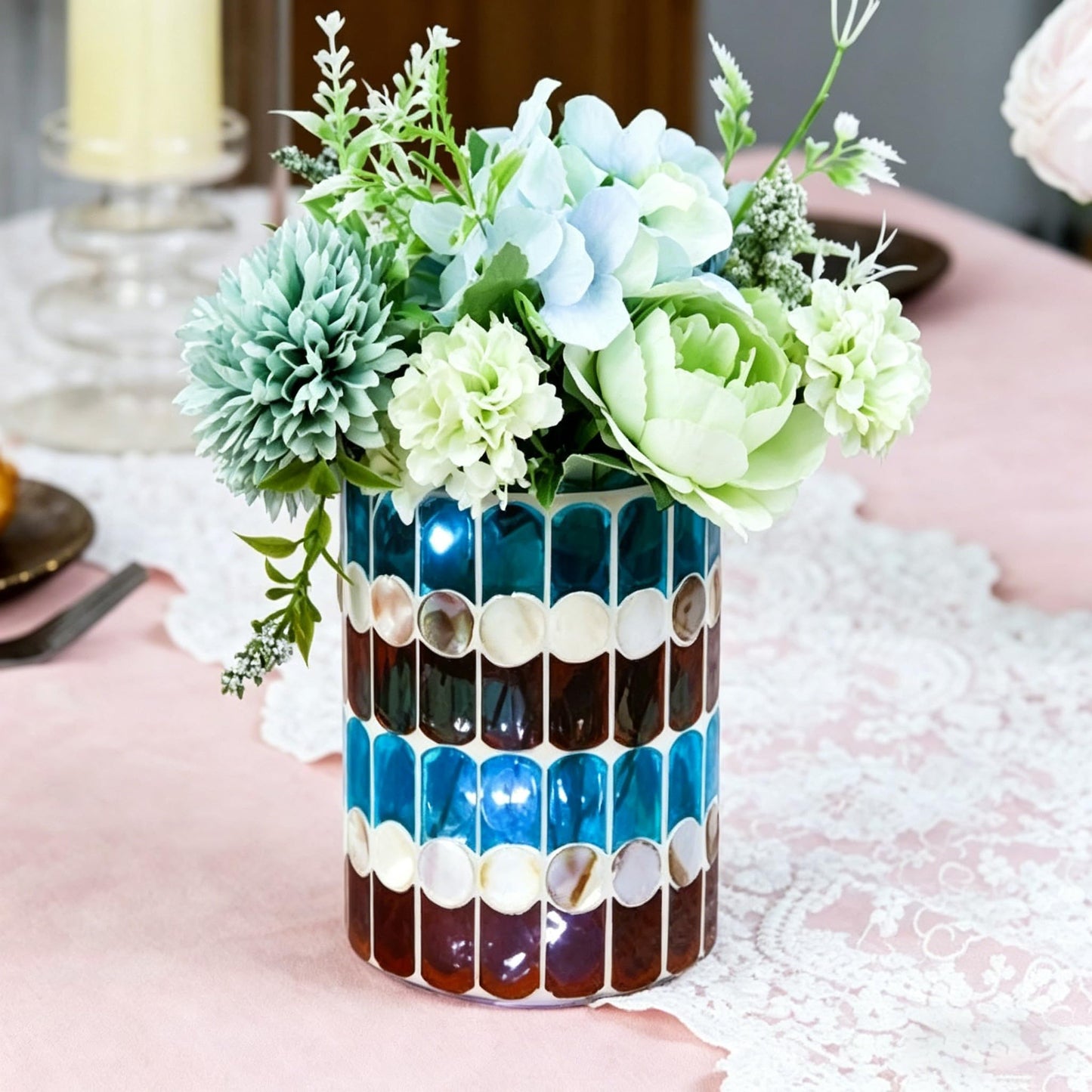 Glass Candlestick Romantic Mosaic Broken Candlelight Aromatherapy Candle Cup for Valentine's Day Christmas Thanksgiving Tables Center of Party Decorations(NO Candles)