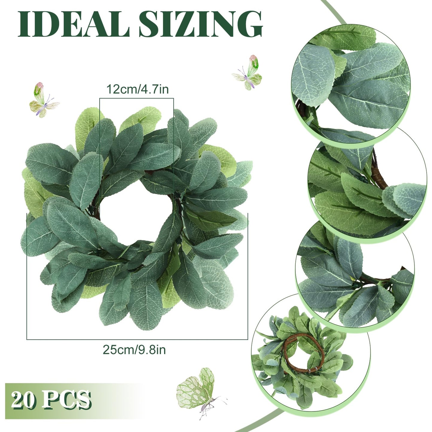 Panelee 20 Pcs Candle Rings Artificial Eucalyptus Candle Wreath Rings Greenery Leaves Boho Candles Garland Pillar for Wedding(Cute Leaf Style)