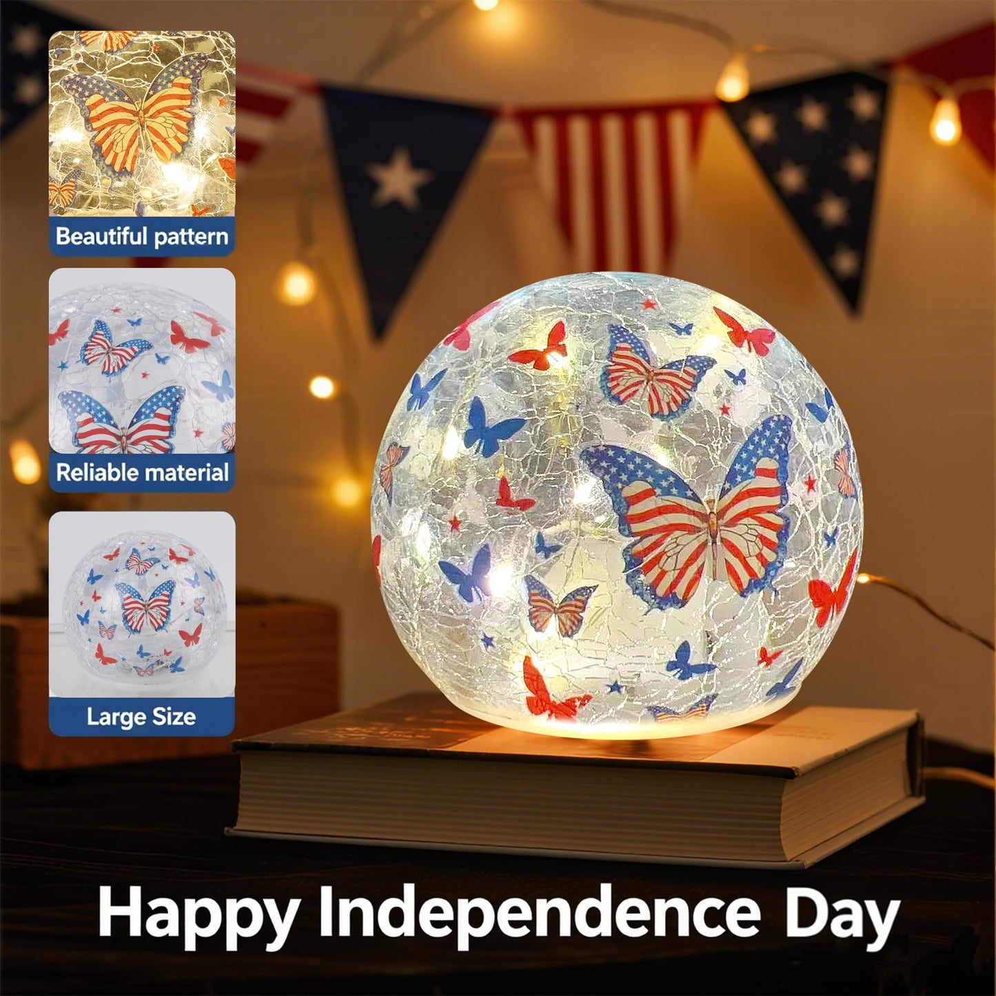 Memorial Day Decorations,3PCS Independence Day Decorative Lights, 3.93-inch Independence Day Desktop Decoration LED Night Light, Cracked Glass Ball Light with Timer, 4th of July Ornament (Butterfly)