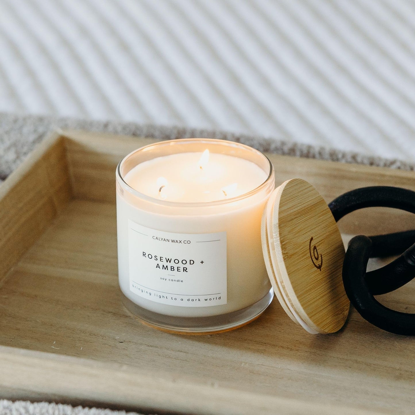 Calyan Wax Co. Rosewood & Amber 3 Wick Scented Candle - 43 Hour Burn - Luxury 3 Wick Soy Candles - Clean Soy Wax Candles - Long Lasting Large Glass Jar Candle for Home - 14.9oz