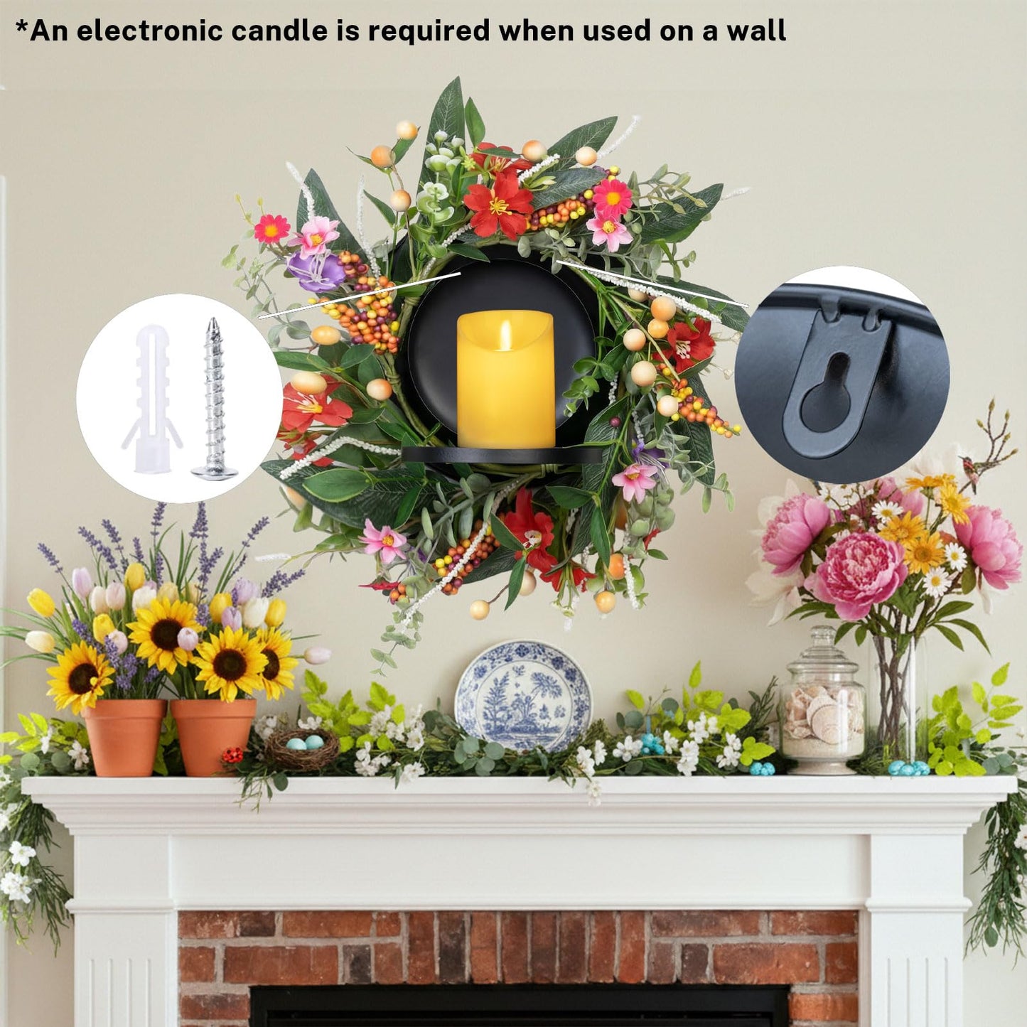 MOYEE Summer Candle Holder Centerpieces for Tables,Candle Ring, Black Metal Candlestick with an Artificial Wreath 14 in Versatile Dining Table Centrepiece (Autumn-Themed Flower and Fruit Wreath)
