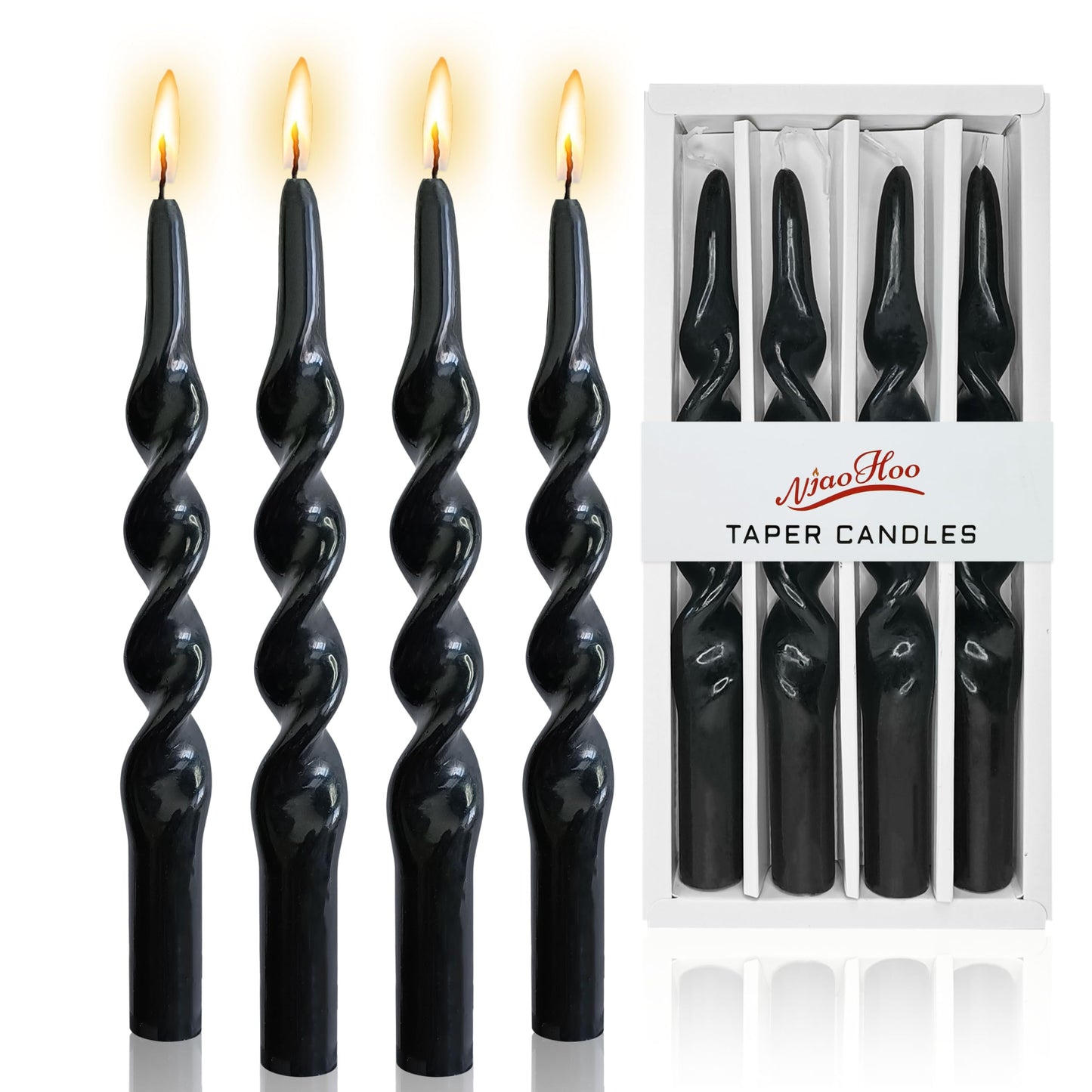 NJAO HOO 10 Inch Black Spiral Taper Candles Twisted Halloween Candlesticks Unscented Tapered Candles for Thanksgiving Dinner Home Decor Party Wedding, 4 Pcs