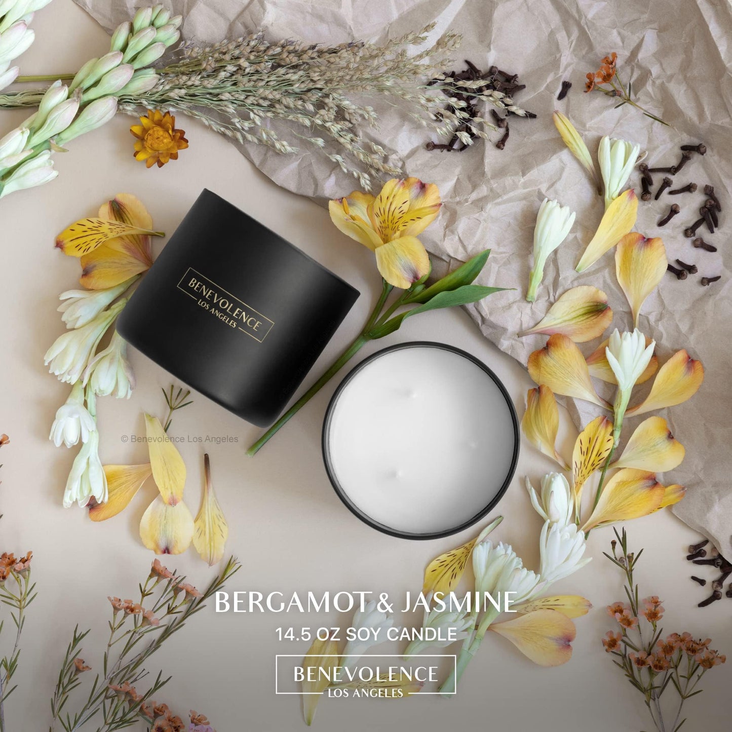 Benevolence LA 3 Wick Candle, Bergamot & Jasmine Large Christmas Scented Candles | Soy Candles | Holiday Candle Gifts for Women and Men | Home Fragrance | Aromatherapy | 14.5 Oz, 45 Hour Burn