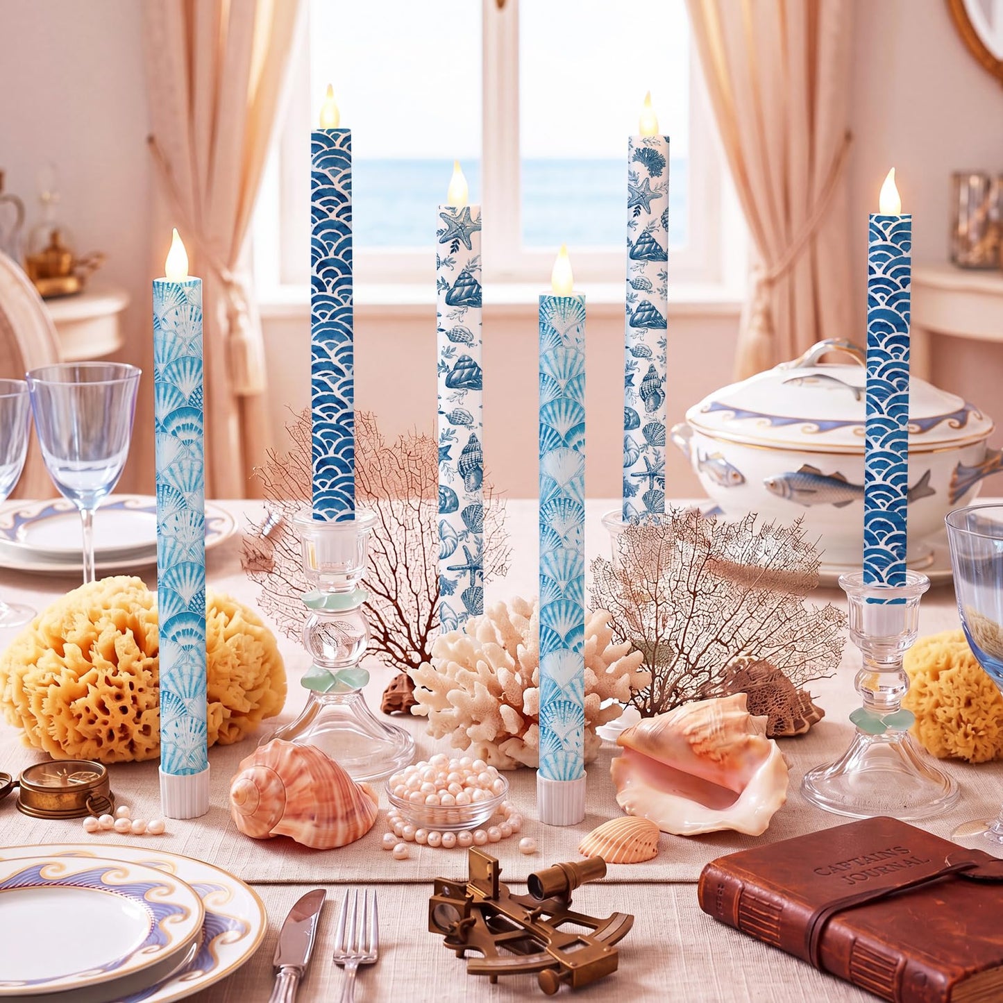 Lyrow 6 Pcs Summer Ocean Flameless Taper Candles with Beach Starfish Seashell 11 Inch LED Candles Flickering Battery Operated Candlesticks for Birthday Seaside Shower Party Summer Table Decor