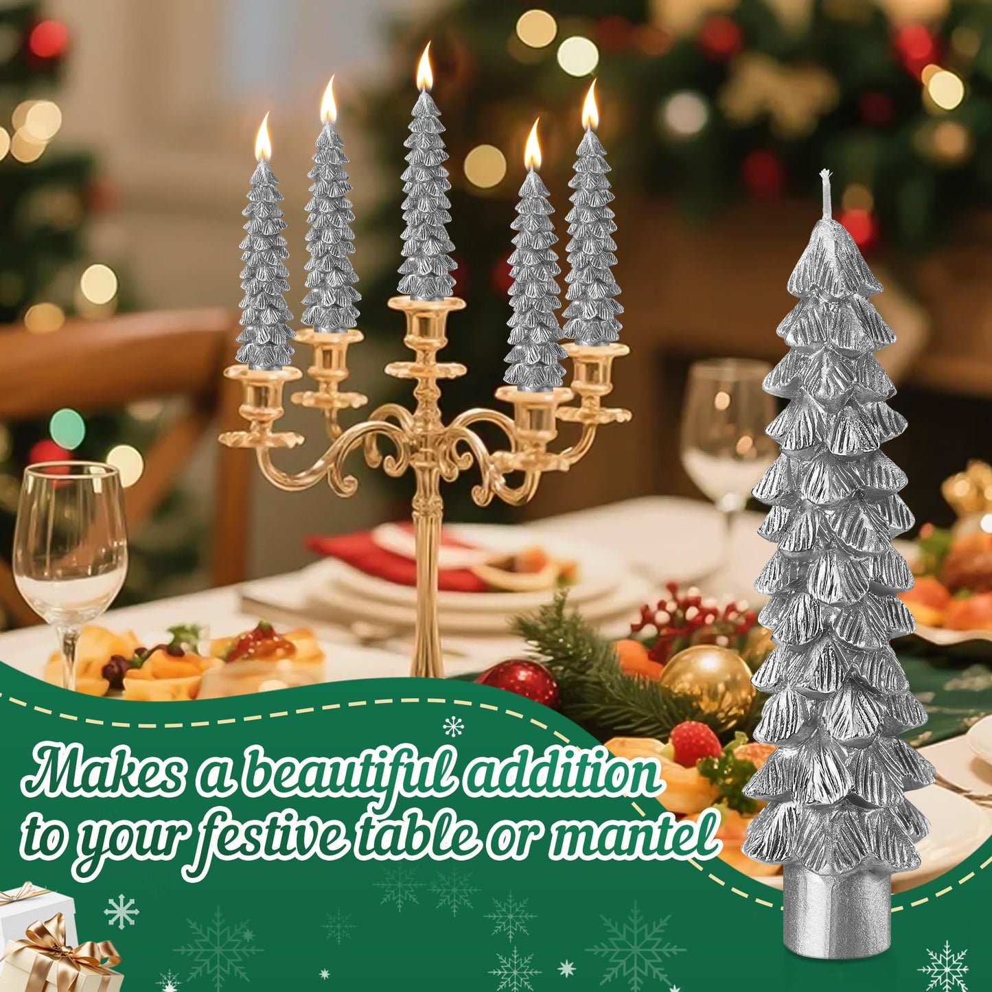Ceoighe 2 Pack Christmas Tree Candles, 5 Inch Unscented Tree Shaped Taper Beeswax Candles for Christmas Holiday Decor Table Centerpiece Display Party Banquet Gift (Silver)