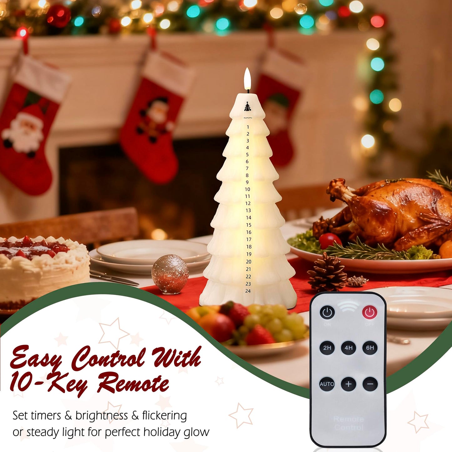 AFINETH Christmas Tree Candles with Remote, Real Wax Christmas Countdown Candle, Countdown to Christmas Battery Operated Candles, Xmas Flameless Advent Candle for Table Decor