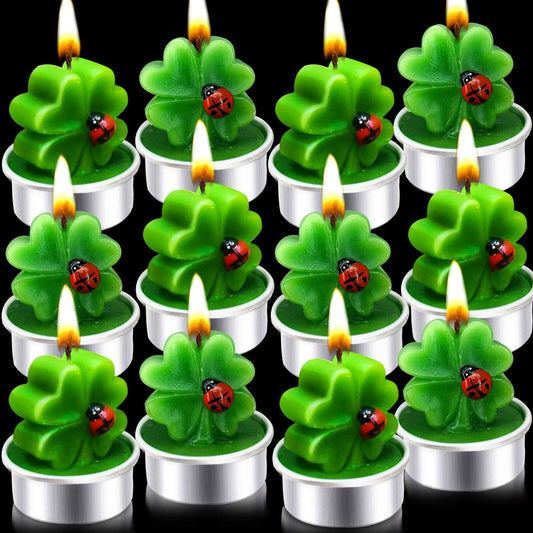 12 Pack St Patricks Day Decorations Green Tea Lights St Patricks Day Candles, Lucky Clovers Shamrocks Flameless Candle for St Patricks Day Accessories,St. Patricks Day Home Holiday Party Table Decor