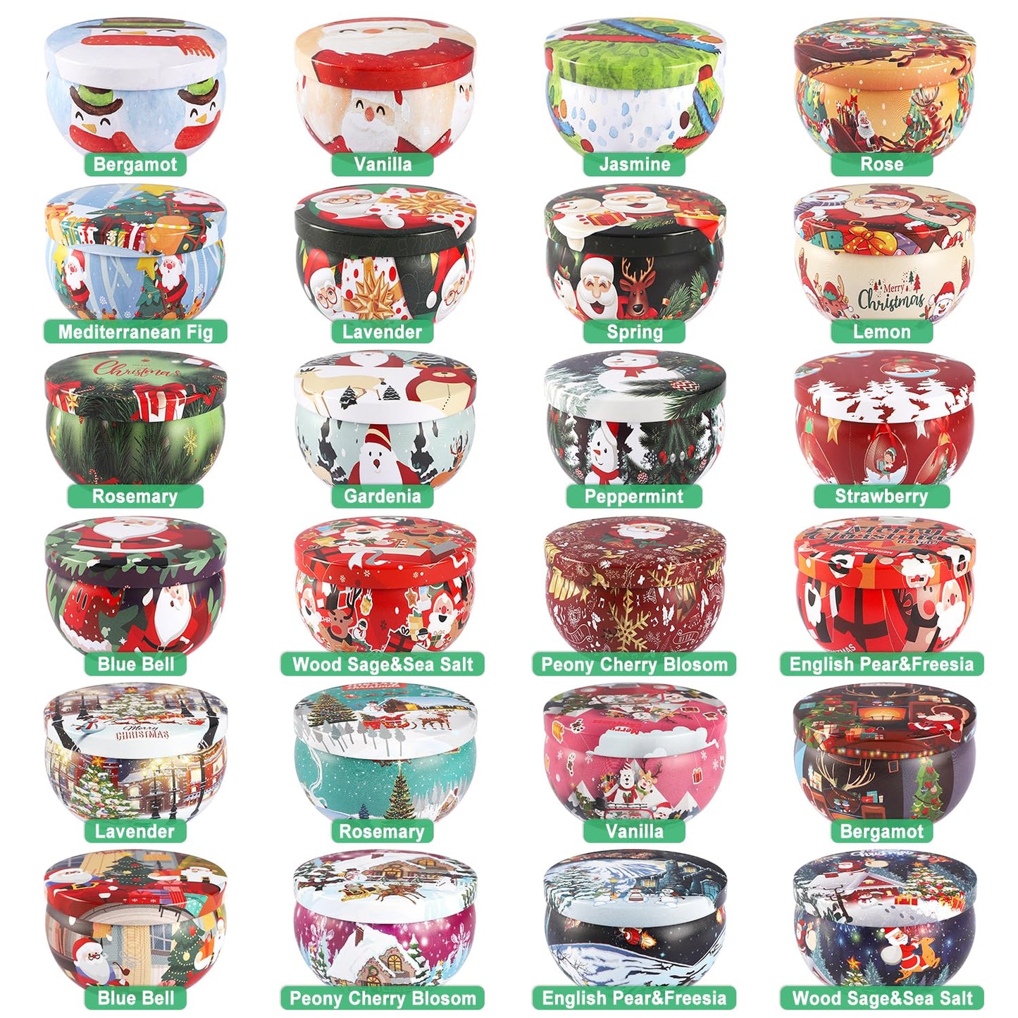 24Pack Christmas Scented Candle Tins Gift Set - Soy Wax Festive Aromatherapy Candles 2.5oz- Smokeless Long Lasting Burn time for Advent & Christmas Gifts Holiday Decor & Gifting.