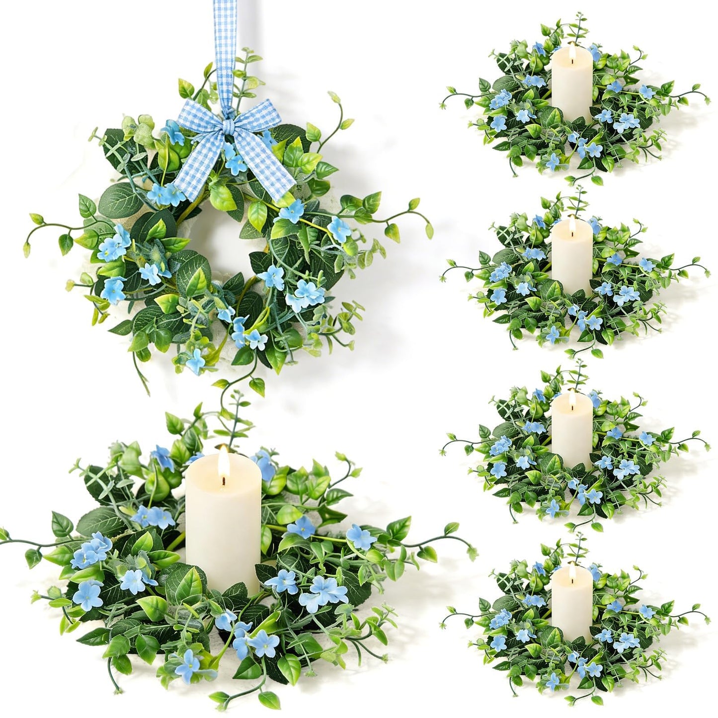 6 Pcs Small Spring Summer Candle Ring Wreaths with Artificial Green Leaves and Trailing Vines Mini Candle Holder Wreath with Blue Flowers for Home Kitchen Table Centerpieces Front Door