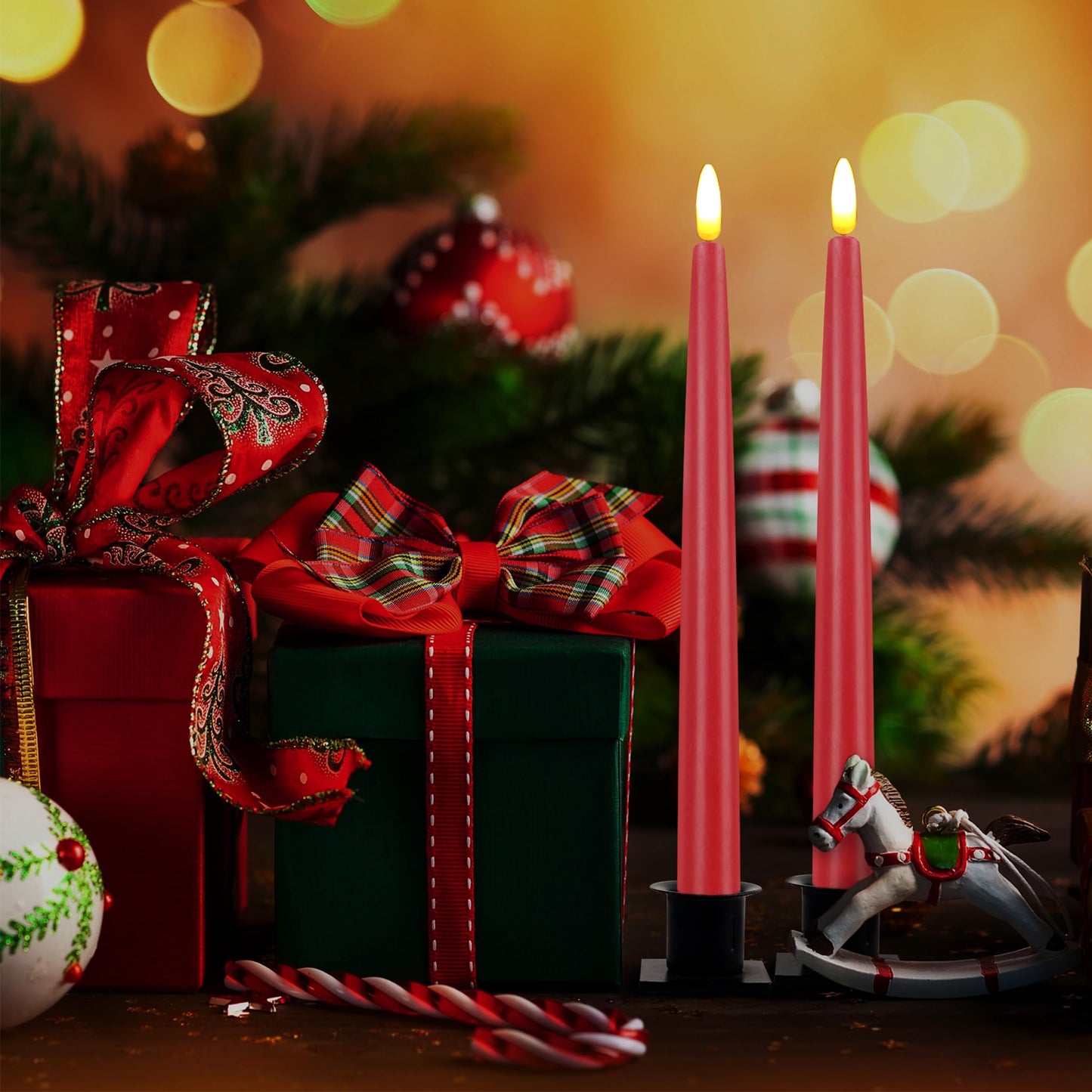CVHOMEDECO. Flameless Taper Candles with 10-Key Remote, Battery Operated Led Flickering 3D Wick Window Candles Real Wax Finished Home Christmas Party Decor 0.78 x 11 Inch, Pack of 2 Red