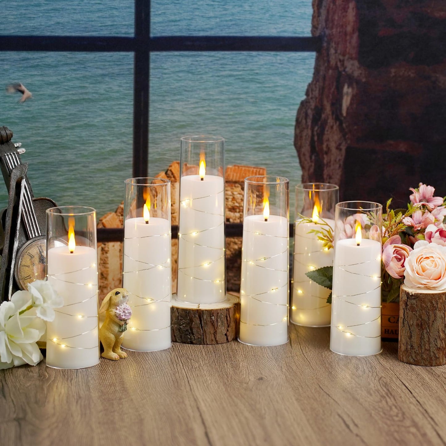 kakoya Flameless LED Candles with Timer 9 Pc Flickering Flameless Candles for Romantic Ambiance and Home Decoration Stable Acrylic Shell,with Embedded Star String，Battery Operated Candles（White）
