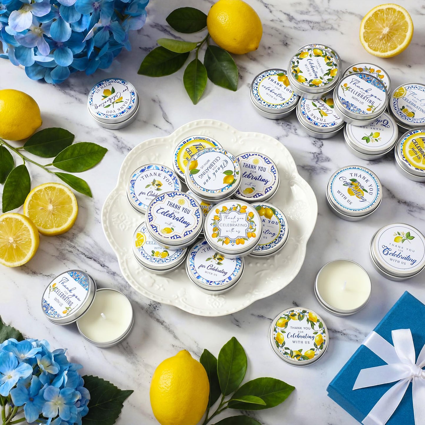Treela 24 Pcs Capri Lemon Candles Favors Italian Lemon Scented Candle Tins with Lids Amalfi Coast Gifts for Mediterranean Wedding Bridal Baby Shower Party Favors Decorations