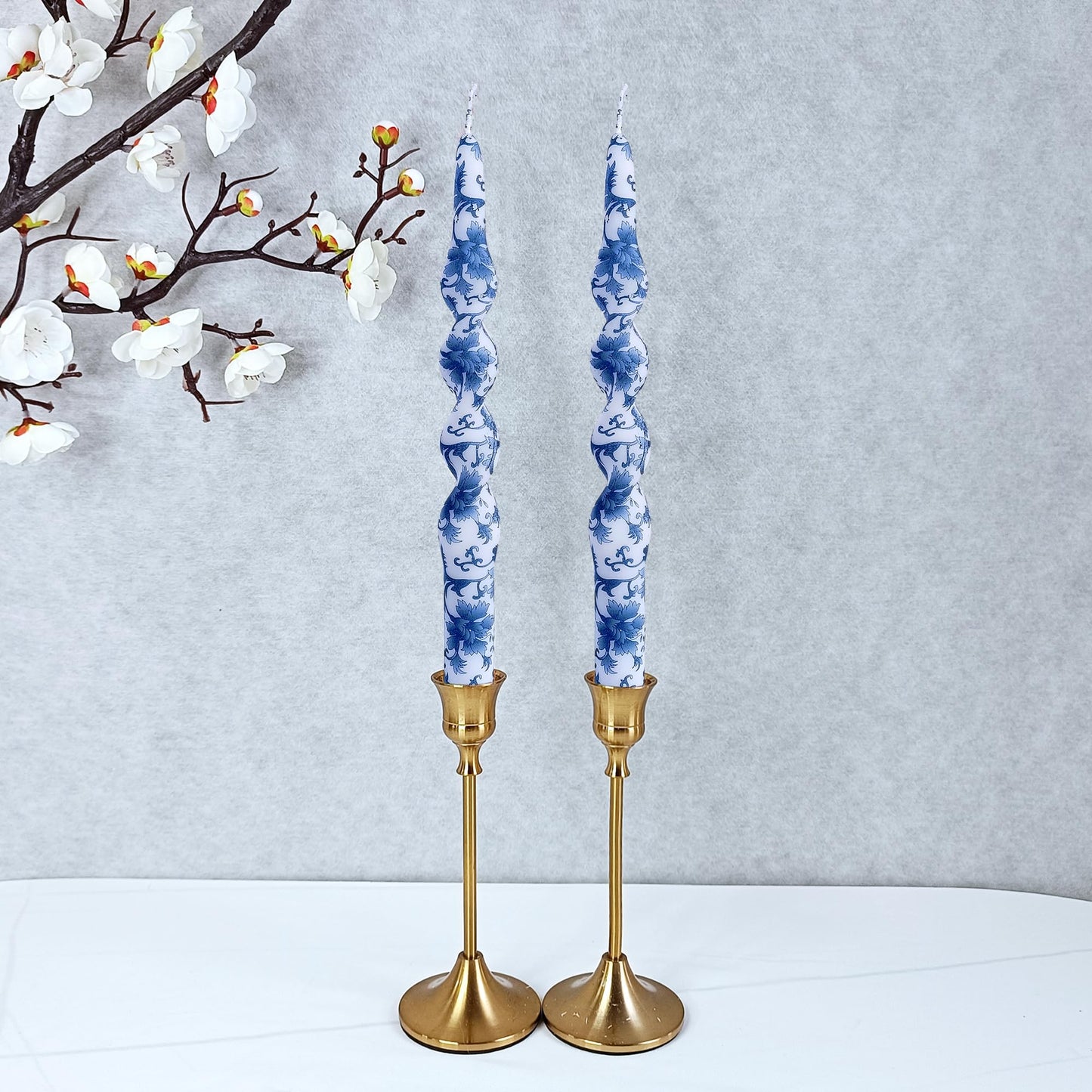 NJAO HOO Floral Taper Candles 10 in Spiral Candlesticks Hand Printed Blue and White Candlestick Twisted Taper Candle for Home Garden Decor, 2Pcs