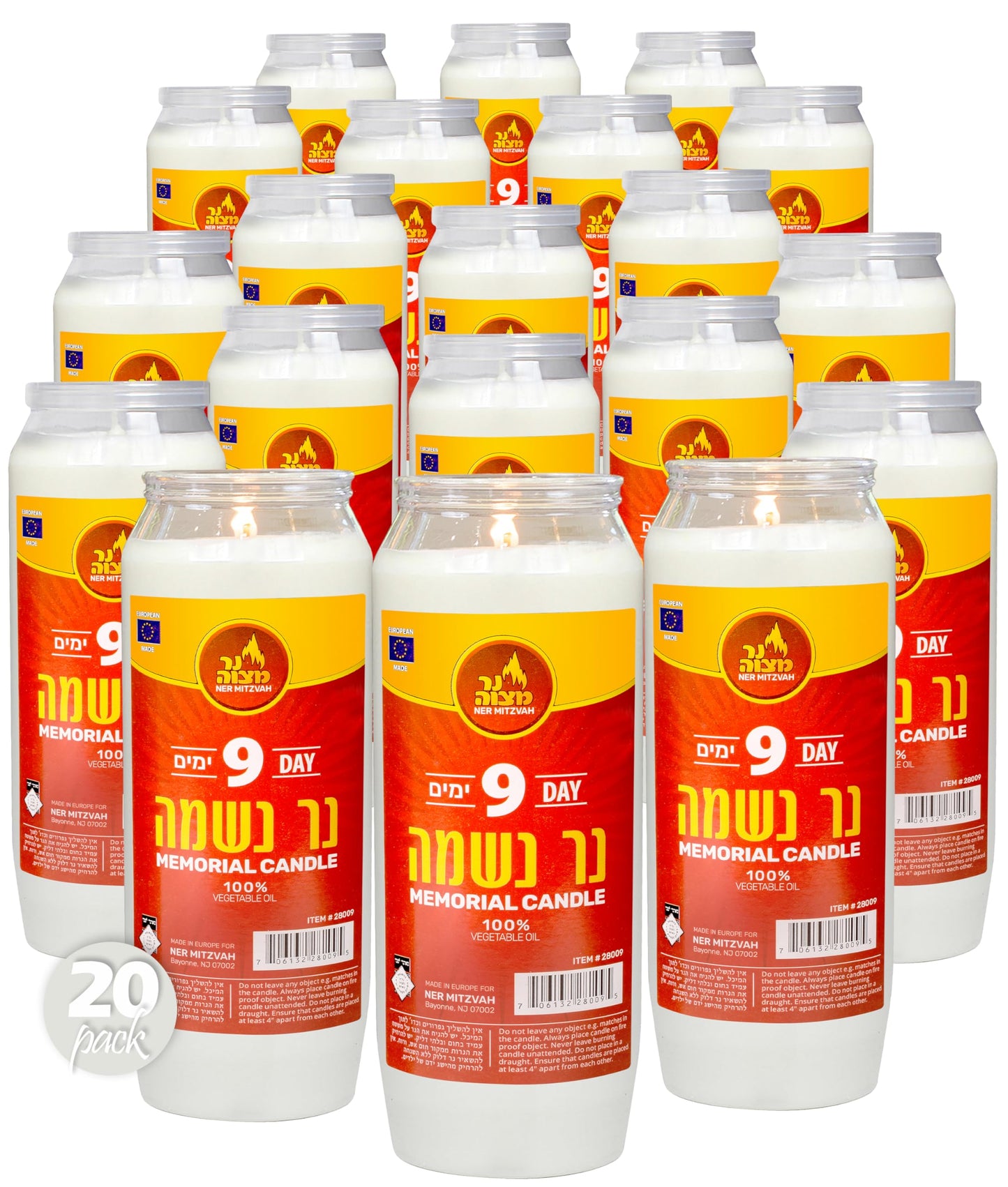 Ner Mitzvah 9 Day Yartzeit Candle - 20 Pack Kosher Yahrtzeit Memorial and Yom Kippur Candle in Plastic Holder