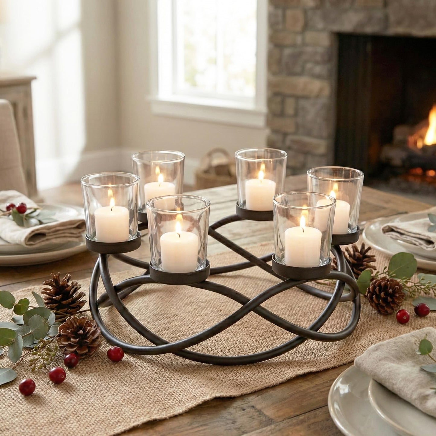 Seraphic Candle Holder Centerpiece for Tables, Outdoor Patio Umbrella Centerpieces, Round Dining Room Table Decor, Wrought Iron 6 Cup Candelabra, Modern Rustic Kitchen Island Tabletop, Black/Clear