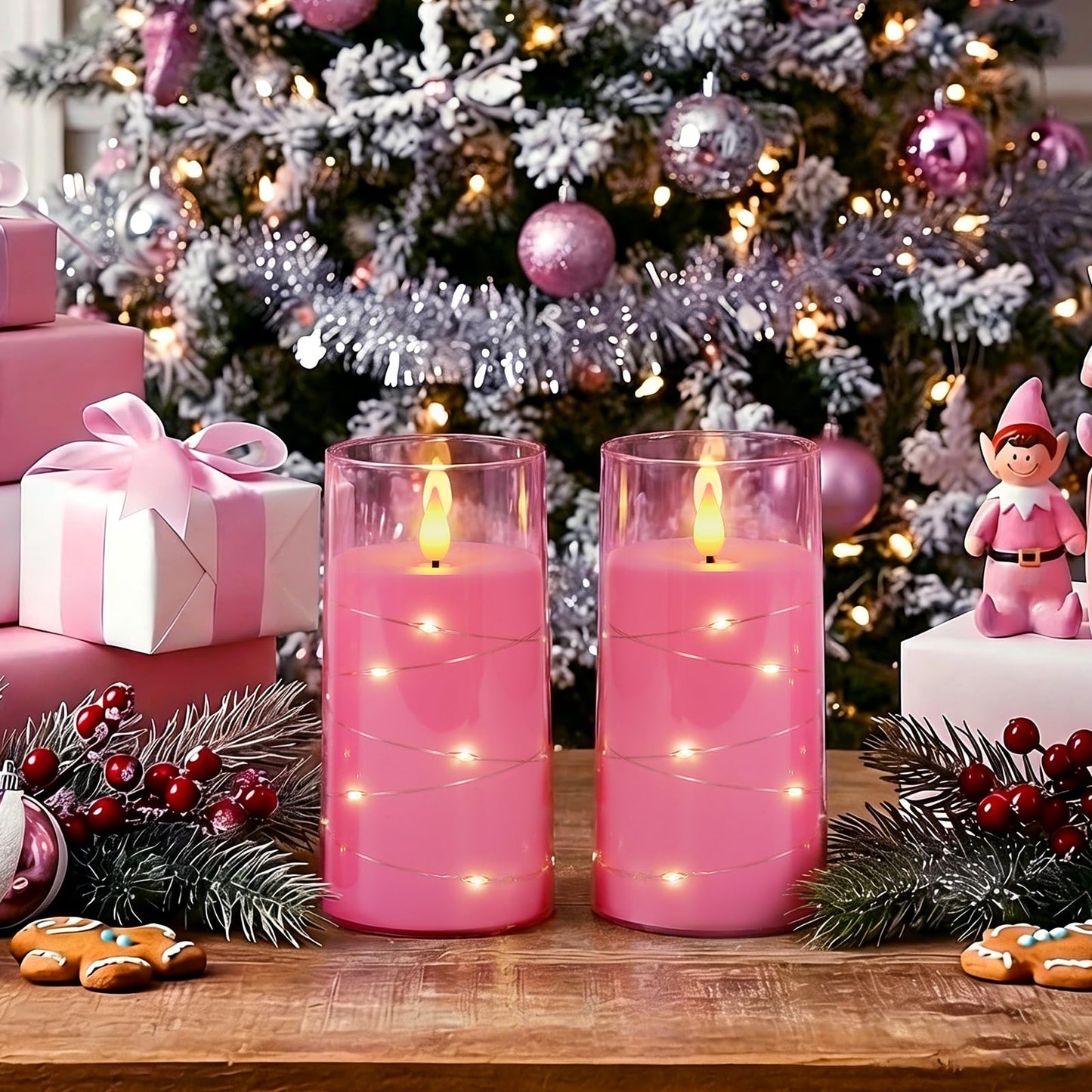 Homemory Flameless Pink Candles with Embedded Star String Fairy Lights, Battery Operated Candles, LED Candle, Fake Candles with Remote Control and Timer, Set of 2(H 6" 6")