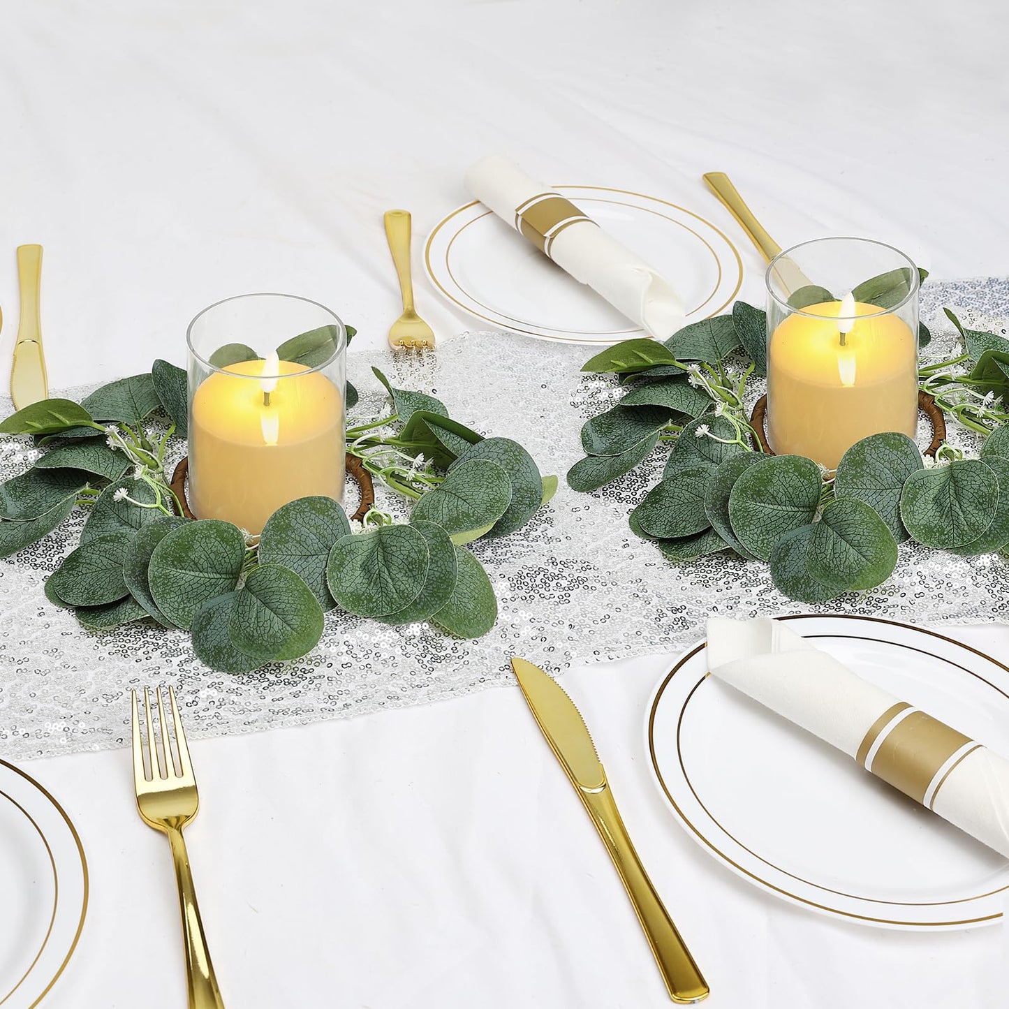 Tobilu 4 Pcs Candle Rings Wreaths with LED Candles - Eucalyptus Candle Rings Greenery Artificial Eucalyptus Leaves Pillar Holder for Wedding Centerpieces Home Table Party Decor